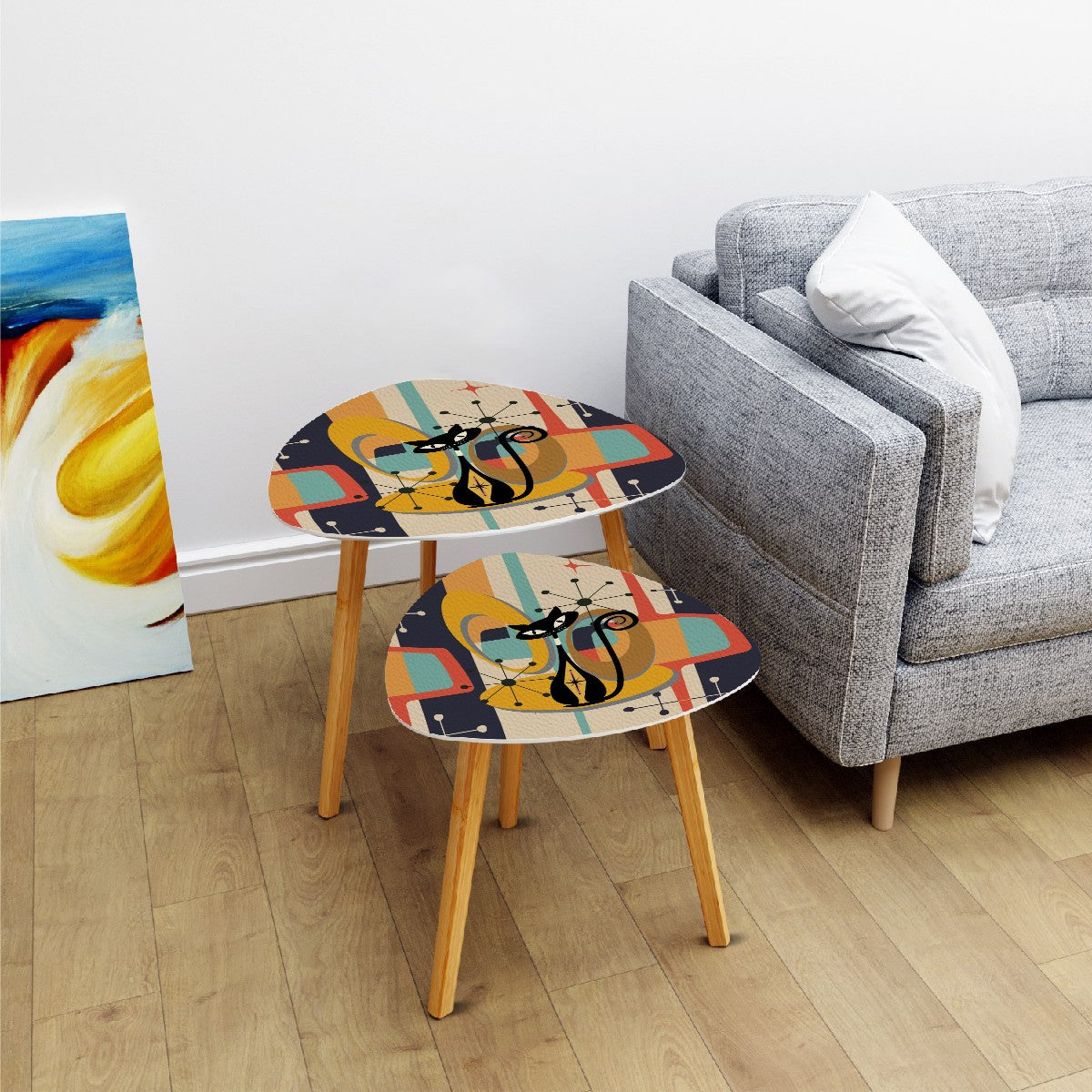 Mid Century Modern Nesting Tables, Atomic Cat, Mod 50s Triangle Coffee Table Set - Mid Century Modern Gal