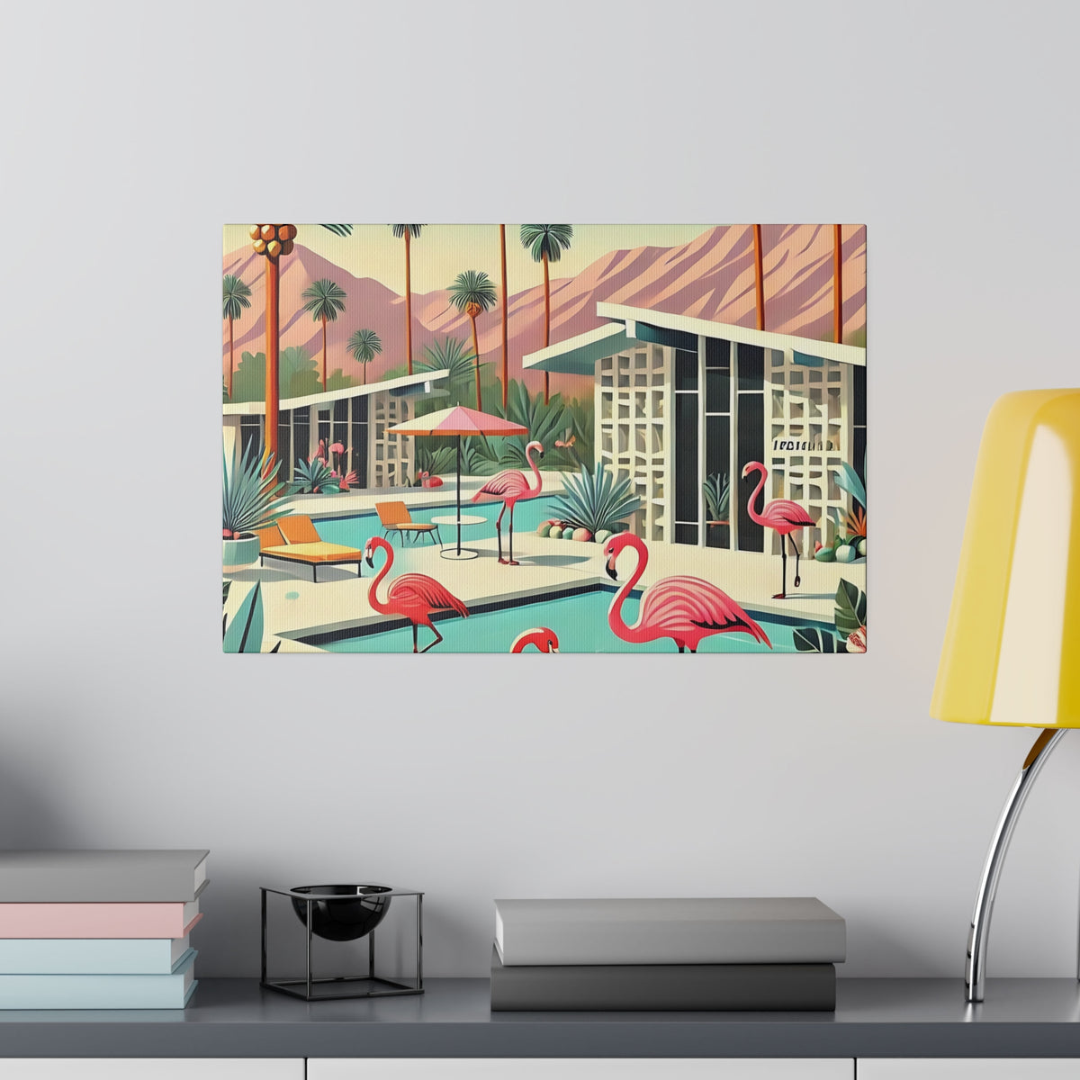 Mid-century modern wall art featuring pink flamingos by a poolside in a Palm Springs setting with retro architecture.