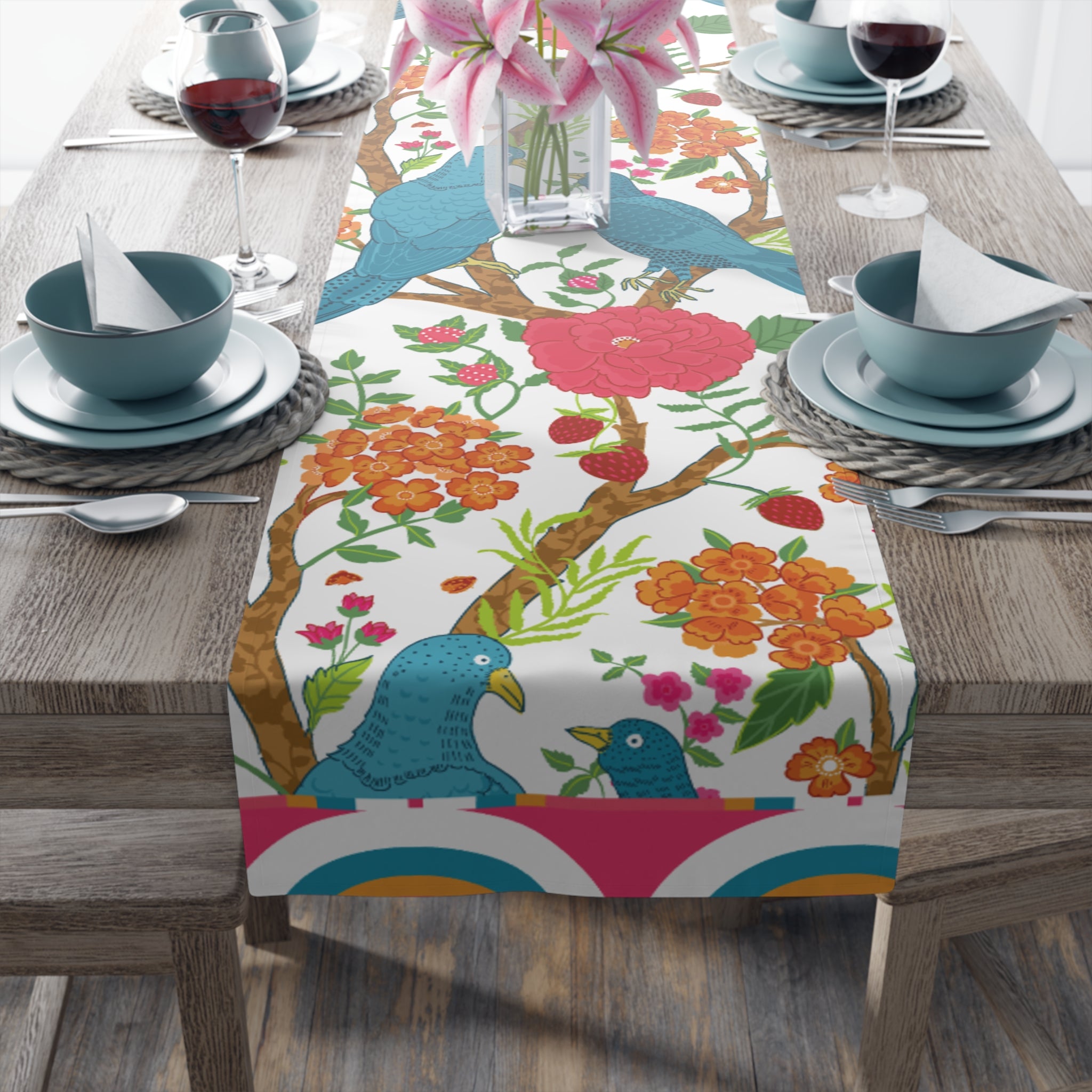 Exotic Birds In Paradise, Pink Golden, Blue Chinoiserie Table Runner - Mid Century Modern Gal