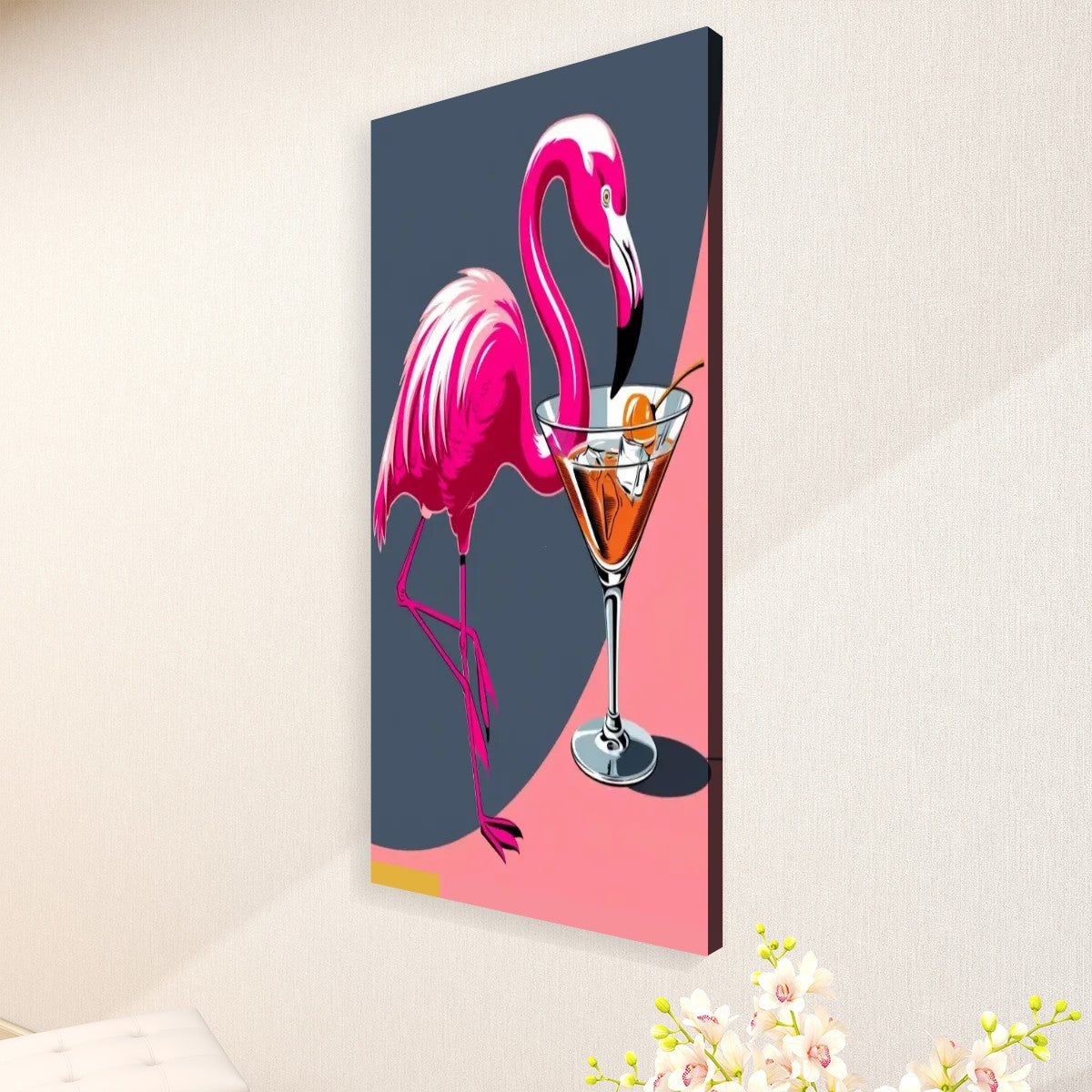 Mid Century Modern Flamingo Wall Art, MCM Barware Cocktail Hour Large Canvas - Mid Century Modern Gal