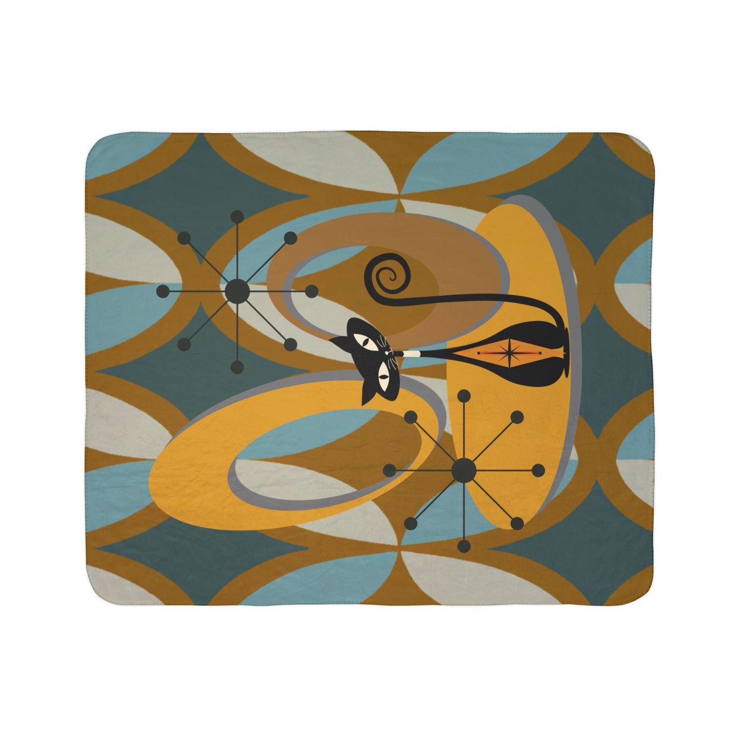 Mid Century Modern Atomic Cat, Retro Diamond Fleece Sherpa Blanket - Mid Century Modern Gal
