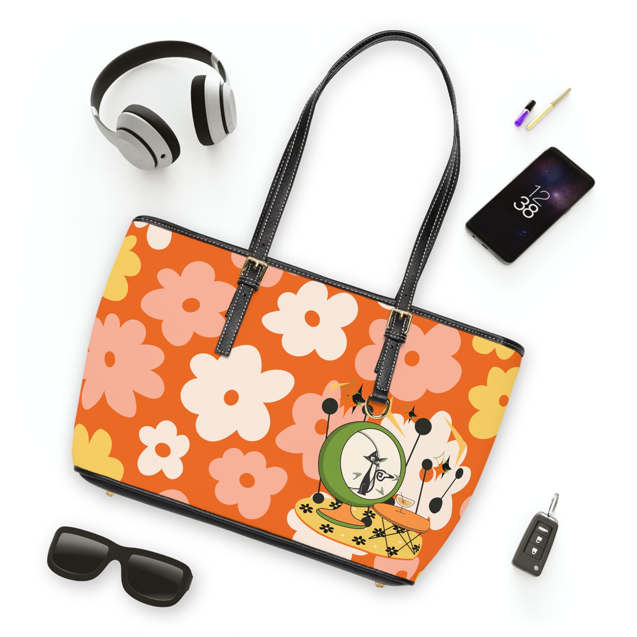 Atomic Cat Handbag, Shoulder Bag, Retro Summer Vibes Funky Floral Stylish Tote for Everyday Use - Mid Century Modern Gal