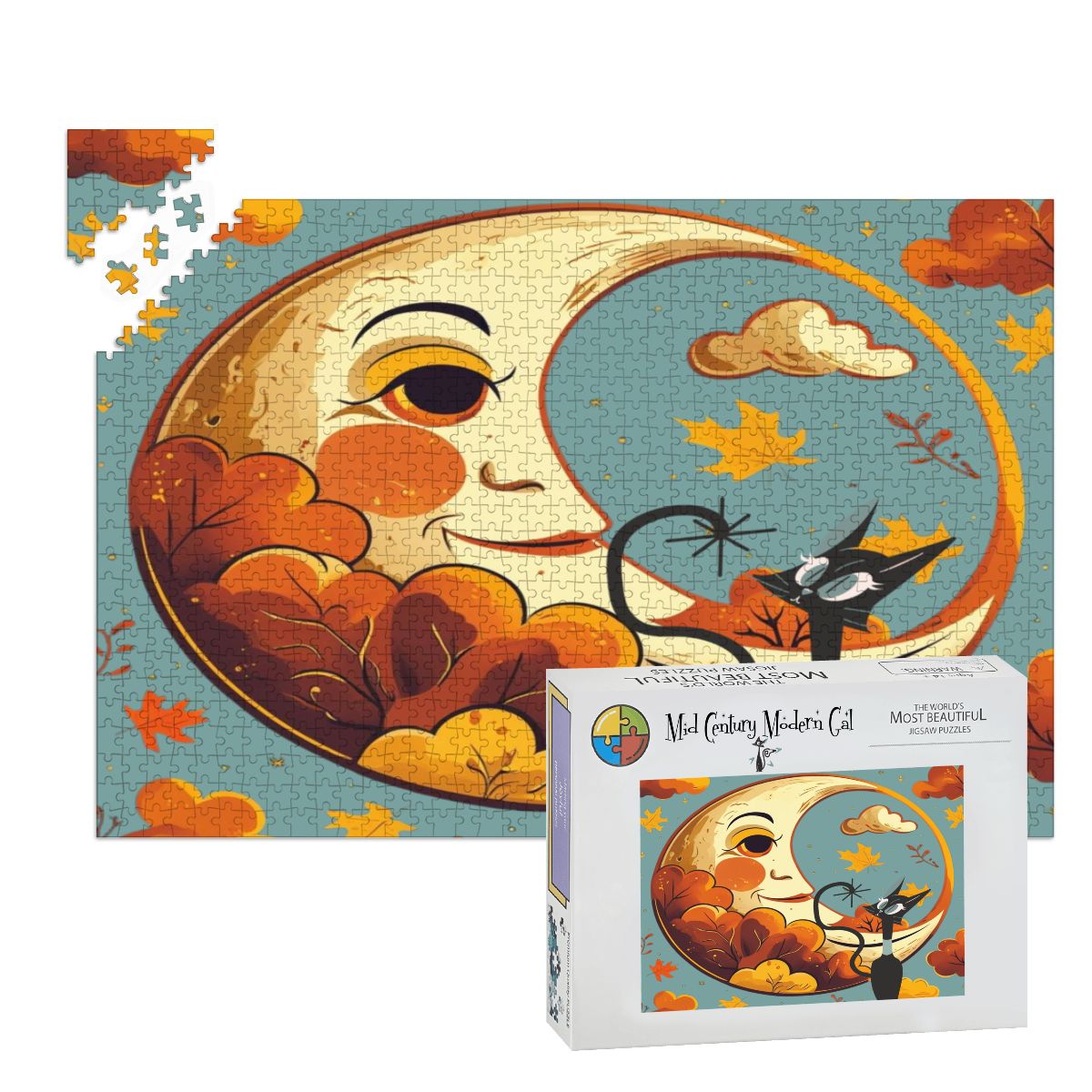 Atomic Celestial Moon, Kitschy Atomic Cat Harvest Halloween Wooden Jigsaw Puzzle - Mid Century Modern Gal