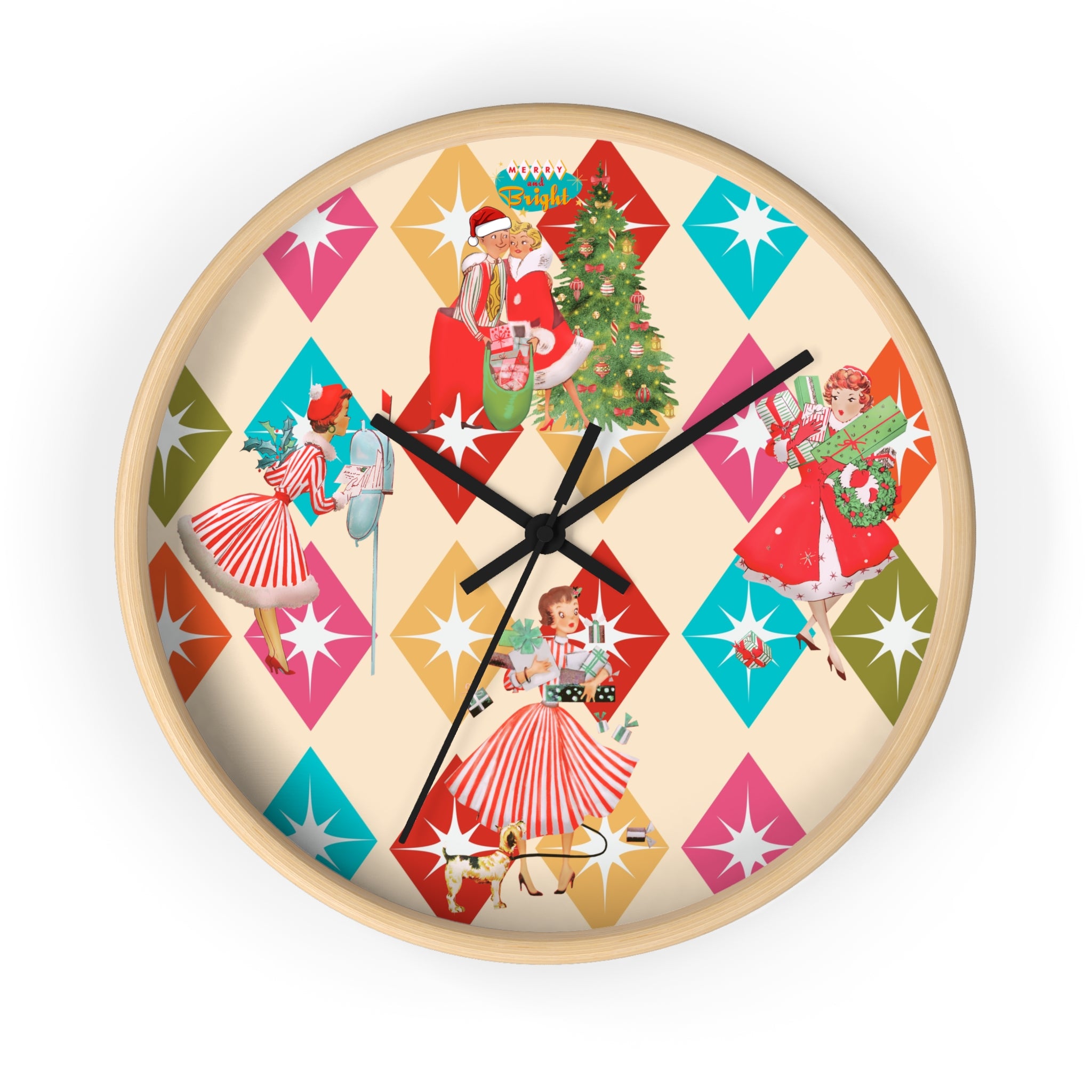 Holiday Retro Vintage Christmas Kitsch, Mid Century Modern Christmas Card Fun Kitschy 50s X-mas Wall Clock - Mid Century Modern Gal