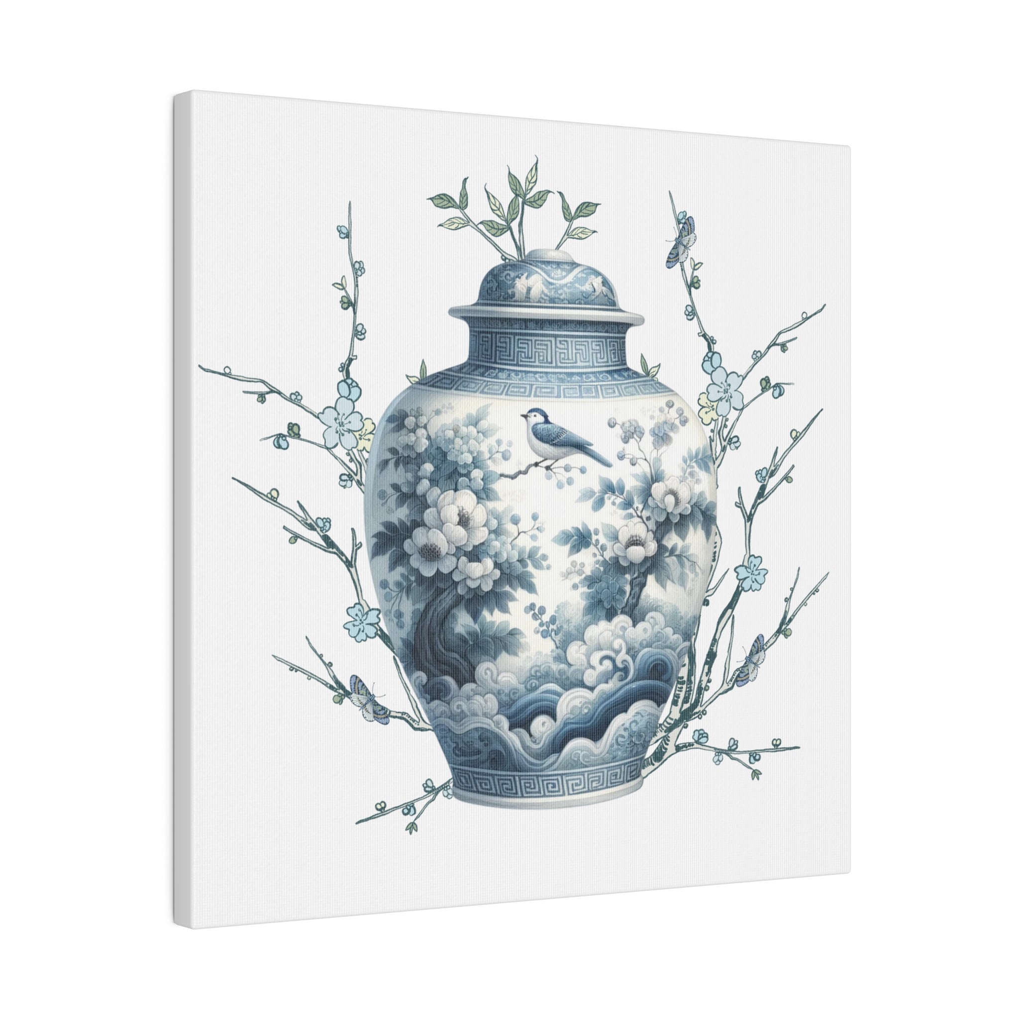 Chinoisiere Wall Art, Ginger Jar, Florals, Birds, Southern Elegance, Matte Canvas - Mid Century Modern Gal
