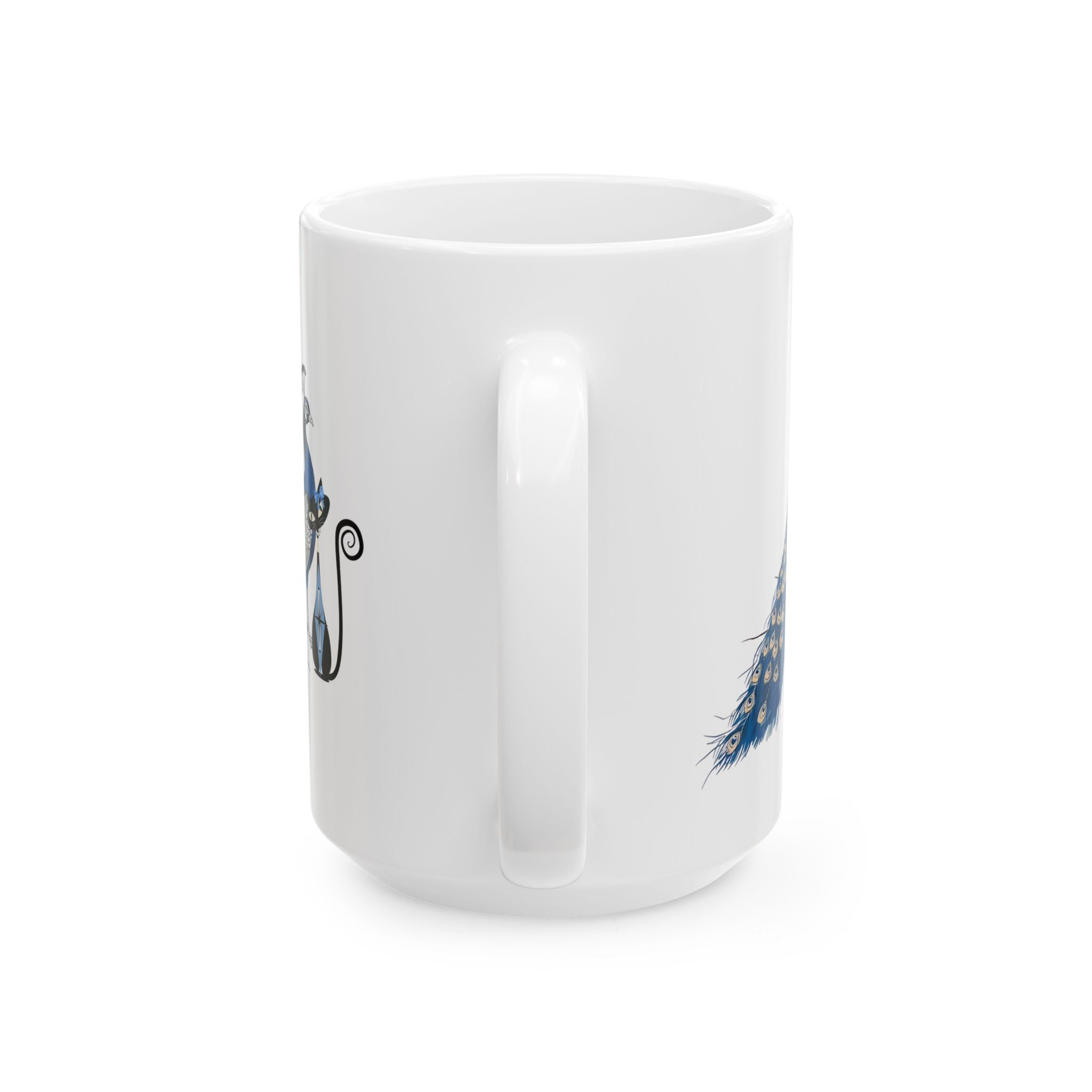 Atomic Cat Mug Blue Chinoiserie Peacock MCM Black Cat Mug Vintage Inspired Gift Elegant Peacock Ceramic Mug - Mid Century Modern Gal