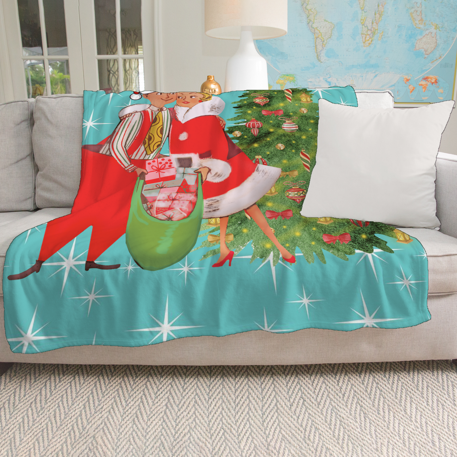 Holiday Vintage 50s Kitsch Retro Aqua Blue Diamond Starburst Mid Century Modern Vintage Christmas Holiday Decor Sherpa Blanket - Mid Century Modern Gal