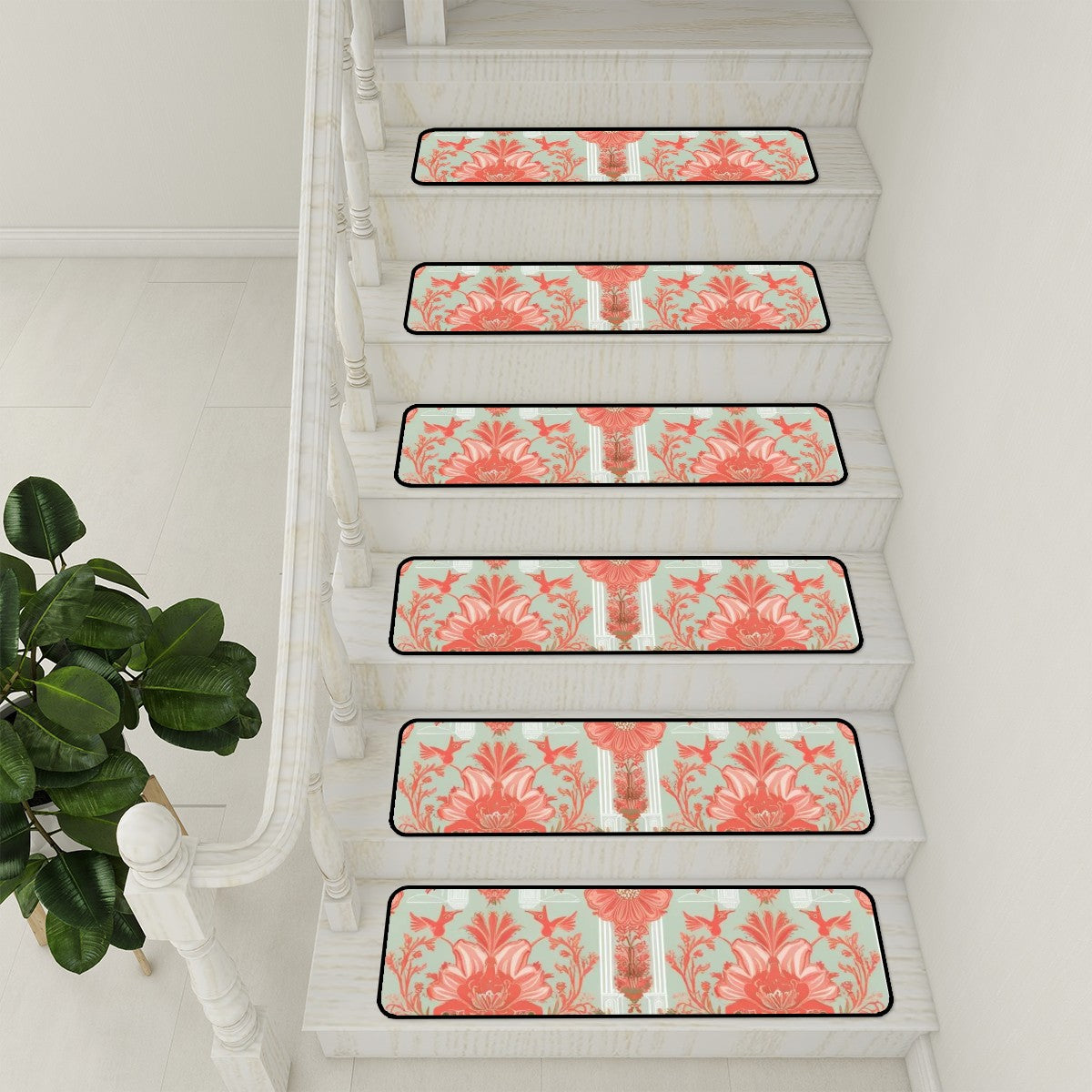 Chinoiserie Elegant Floral, Coral, Green Non Slip Carpet for Stairs Treads - Mid Century Modern Gal