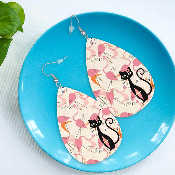 Kitschy Mod Dancing Flamingos Atomic Cat, Retro Summer Vibes Teardrop Earrings