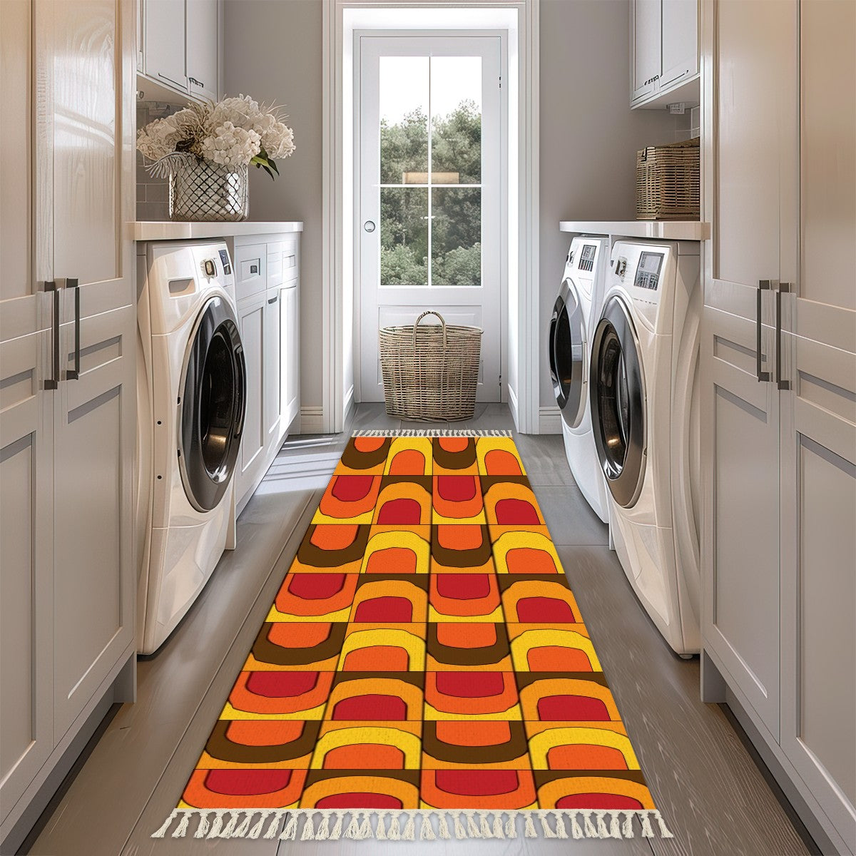 Mid Century Modern Groovy 70s Wave Brown Orange Yellow Rug Runner With Tassels - Mid Century Modern Gal