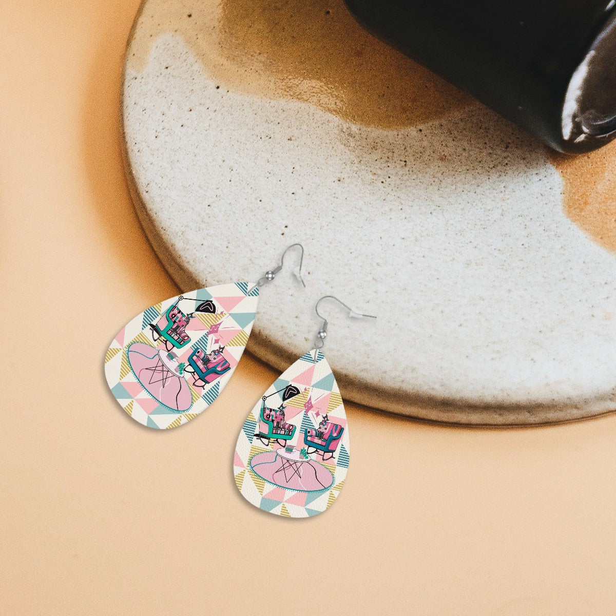 Atomic Reading Cats, Kitschy Mod Fun Quirky Faux Retro Leather Teardrop Earrings - Mid Century Modern Gal