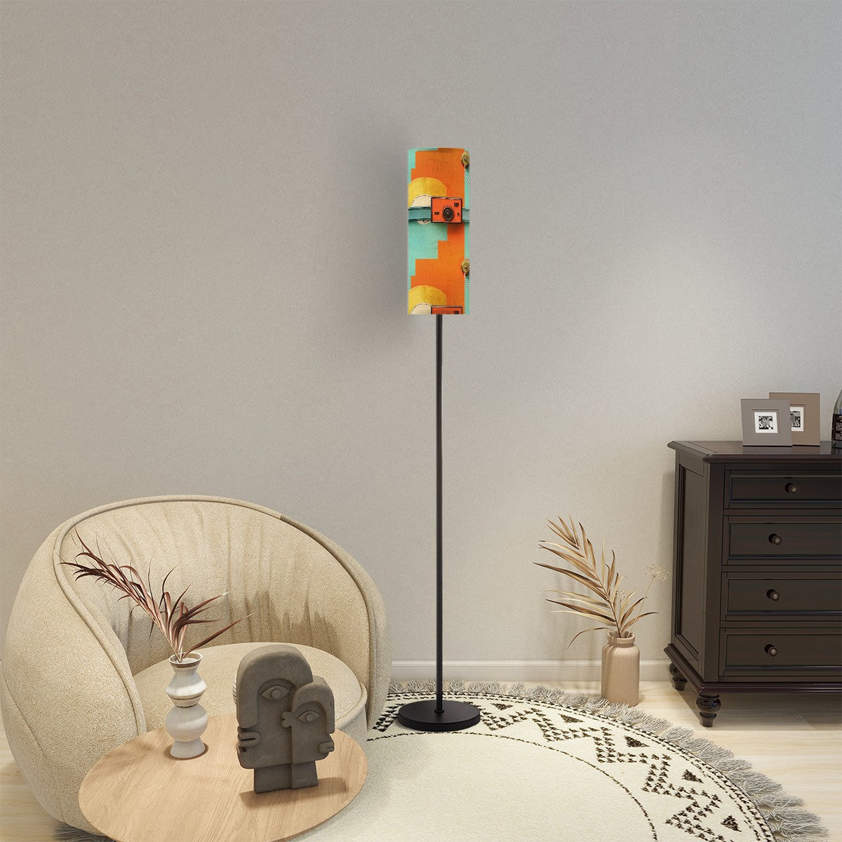 Retro Mod Orange, Teal, Vinyl Record Scene, Kitschy Mod Slim Floor Lamp - Mid Century Modern Gal