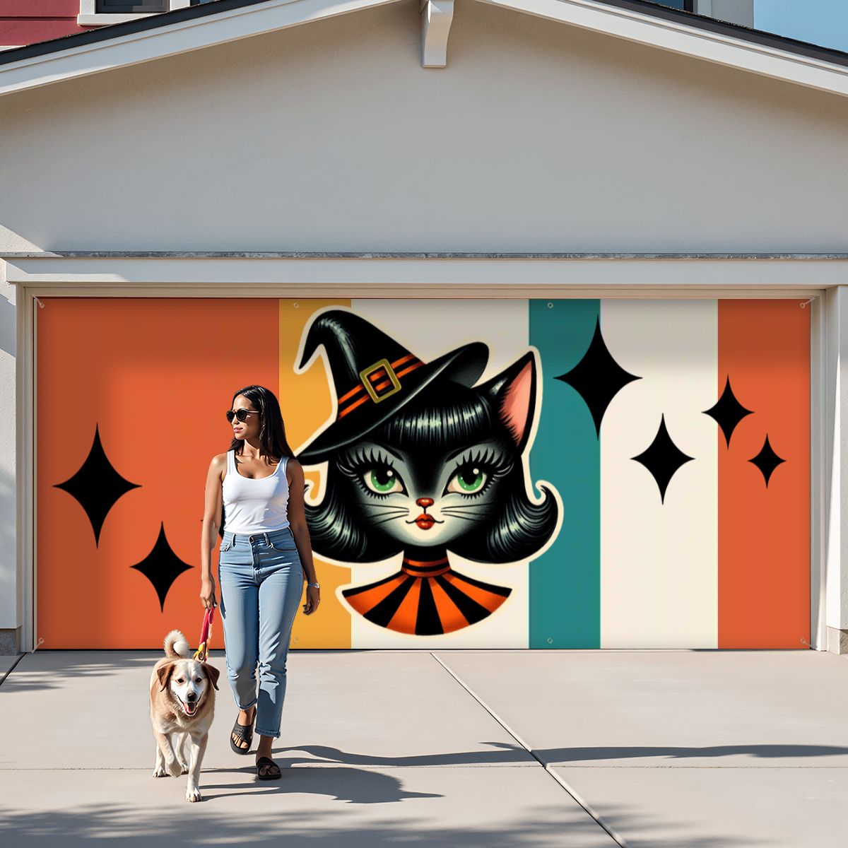 Kitschy Atomic Sexton Cat Halloween, Fall Party Backdrop, Garage Door Banner Backdrop - Mid Century Modern Gal