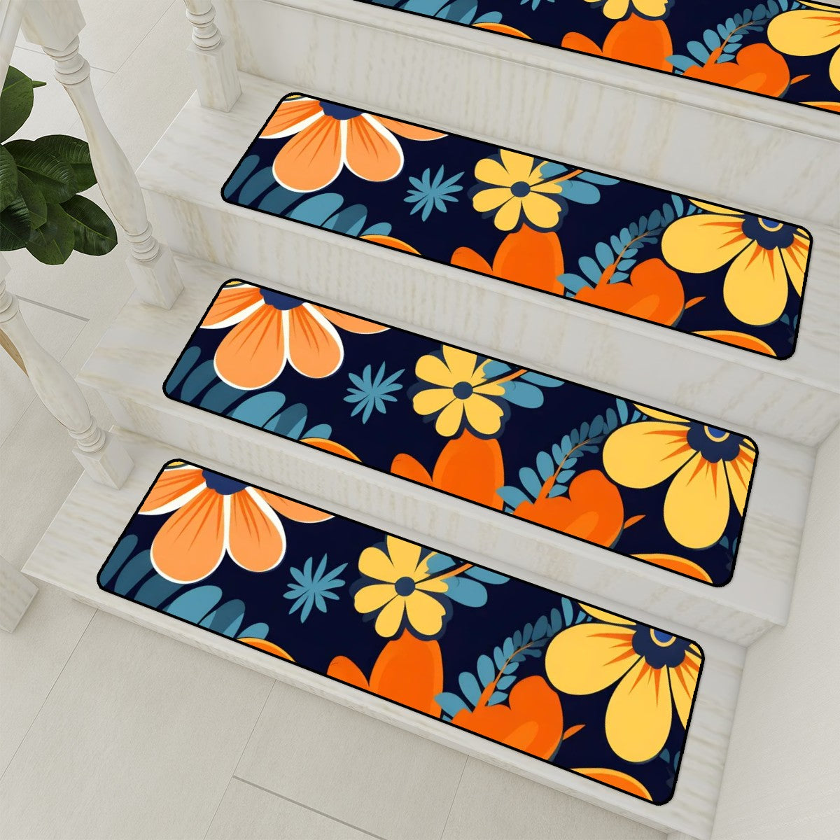 Retro Boho Floral Blue, Yellow Orange Modern Non Slip Carpet for Stairs Treads - Mid Century Modern Gal