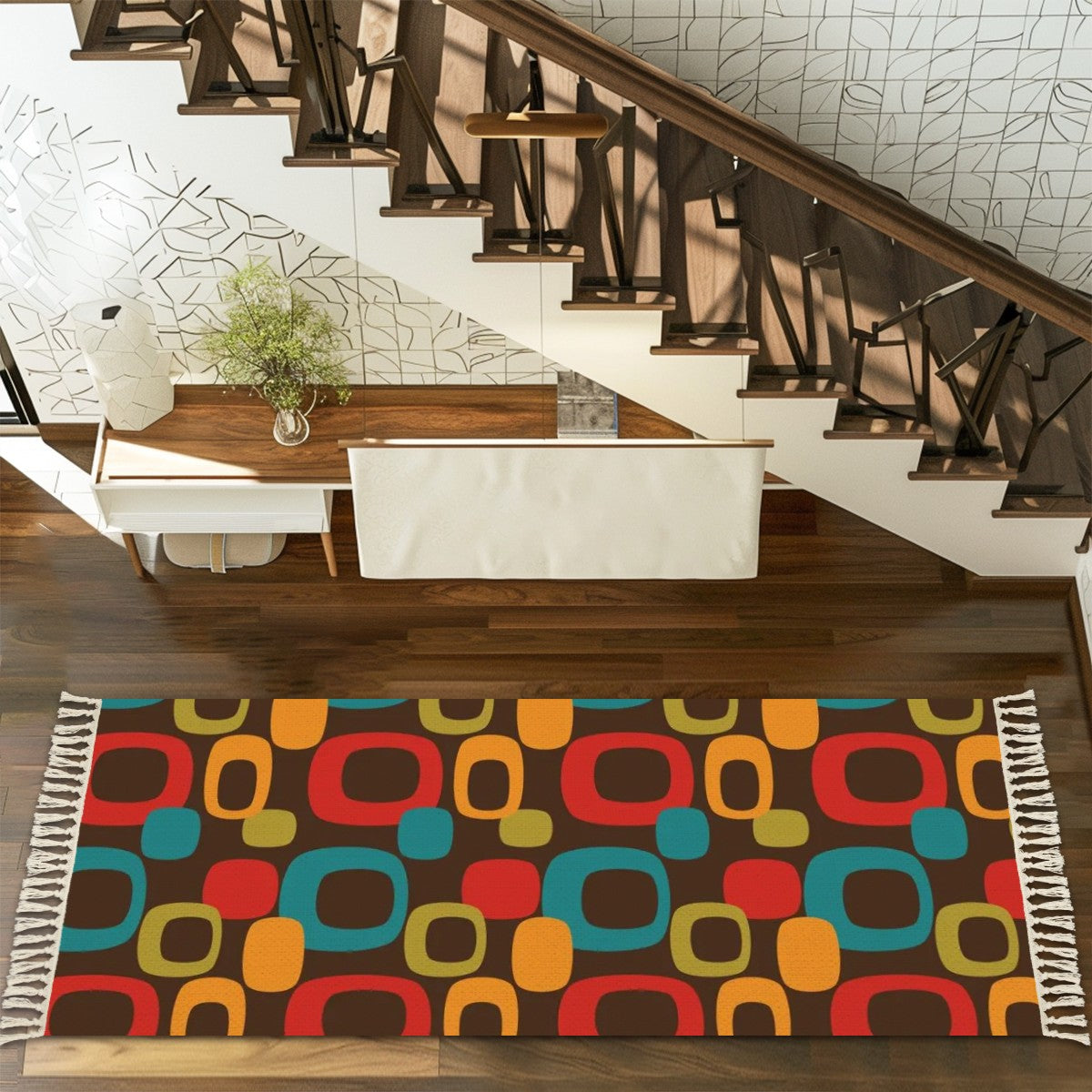 Mid Century Modern Chocolate Brown, Groovy Mod Runner Rug with Tassels - Mid Century Modern Gal