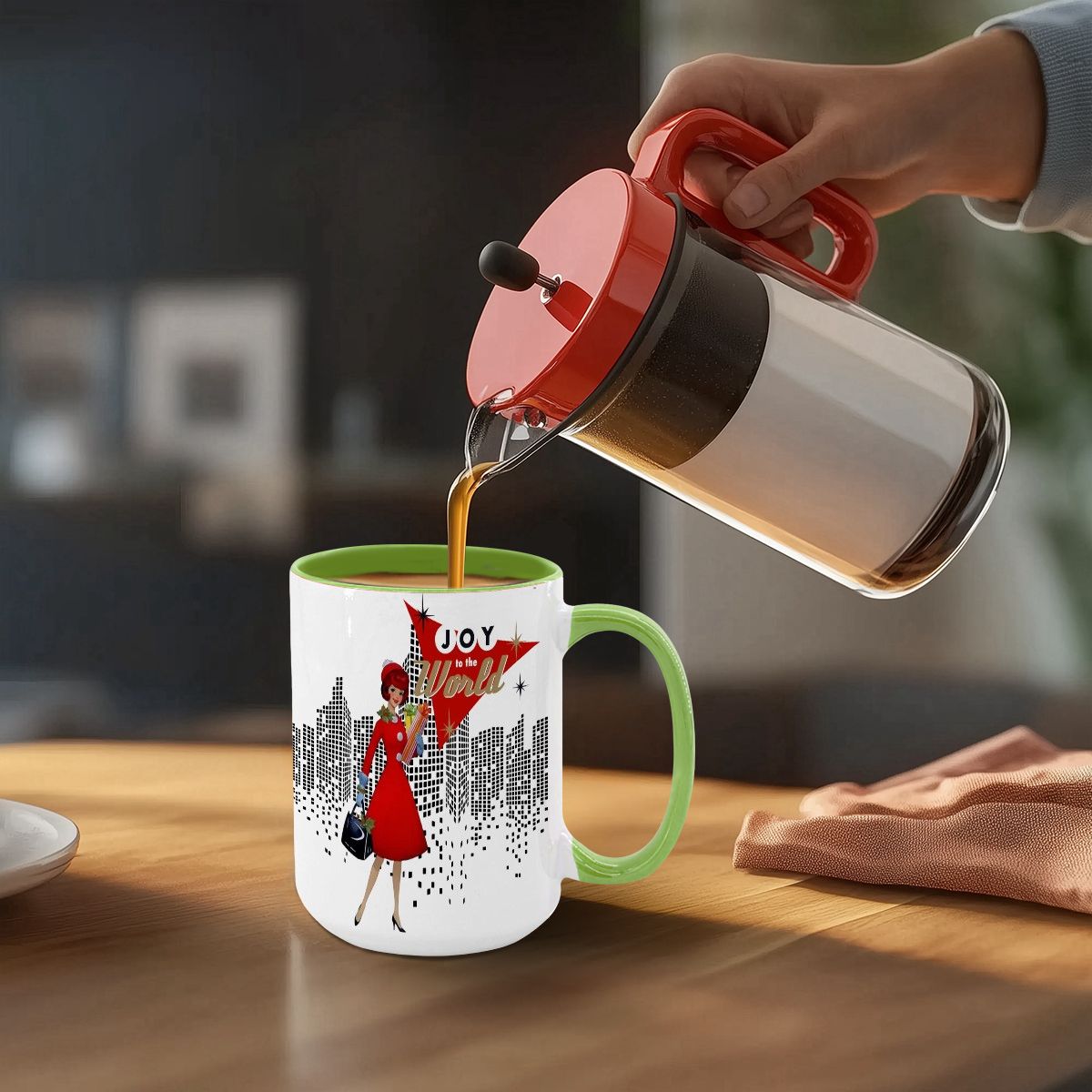 Mid Century Modern holiday mug featuring a cityscape design and a stylish figure, perfect for festive drinks.