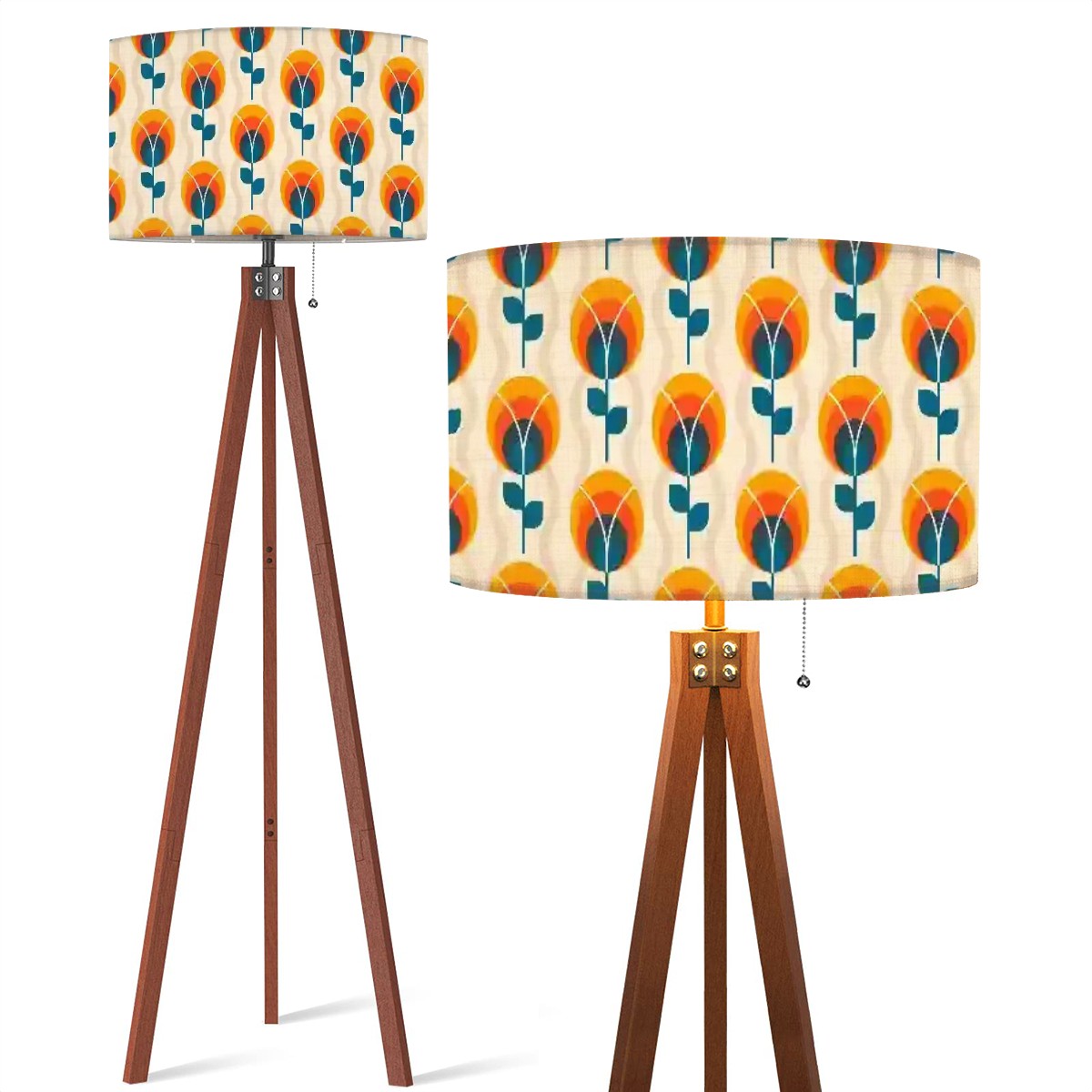 Mid Century Modern Scandinavian Flower, Orange Blue, Retro Tripod Floor Lamp - Mid Century Modern Gal