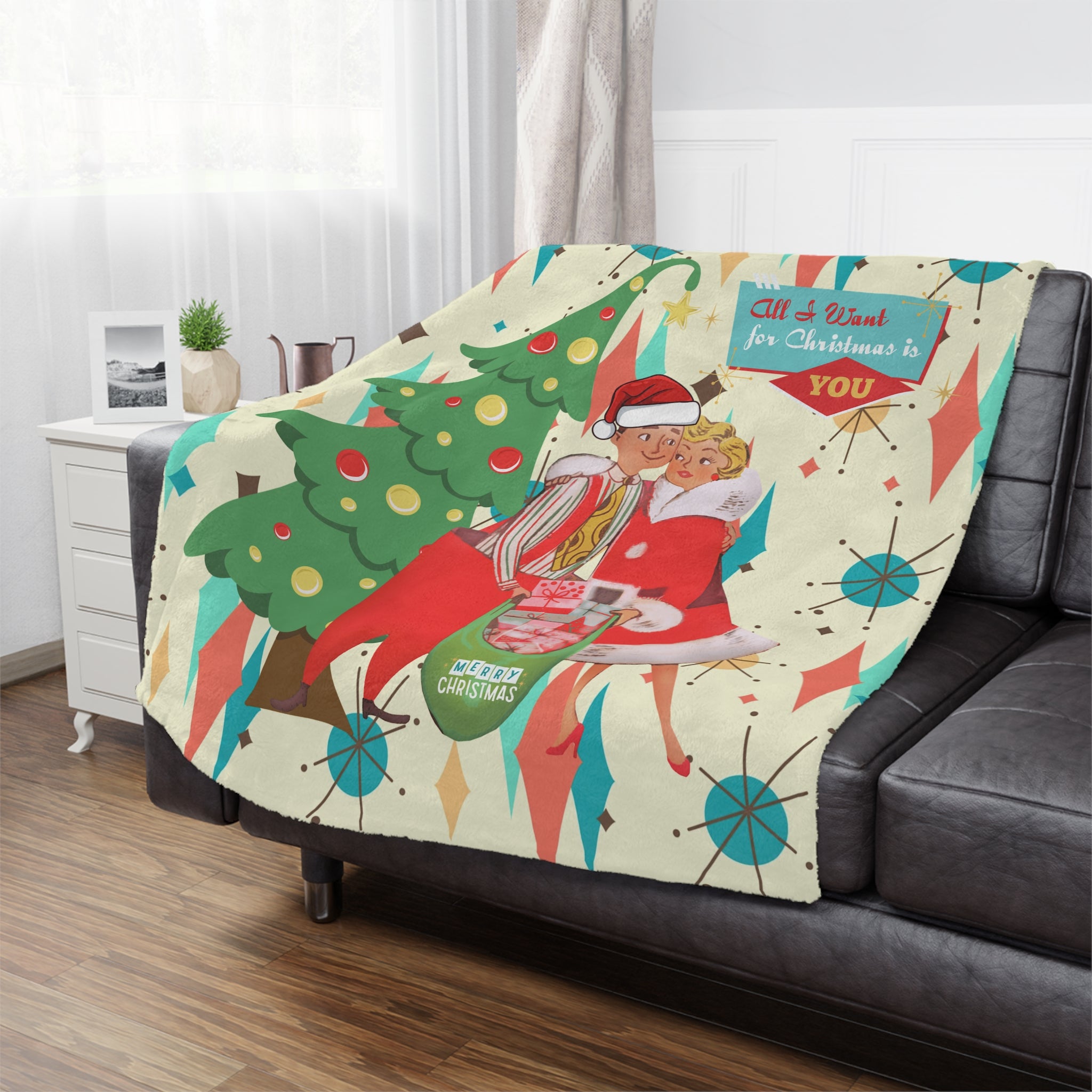 Retro Christmas Plush Blanket, Cozy Holiday Throw Blanket, Festive Decoration, Gift for Him and Her, Perfect for Winter Snuggles - Mid Century Modern Gal