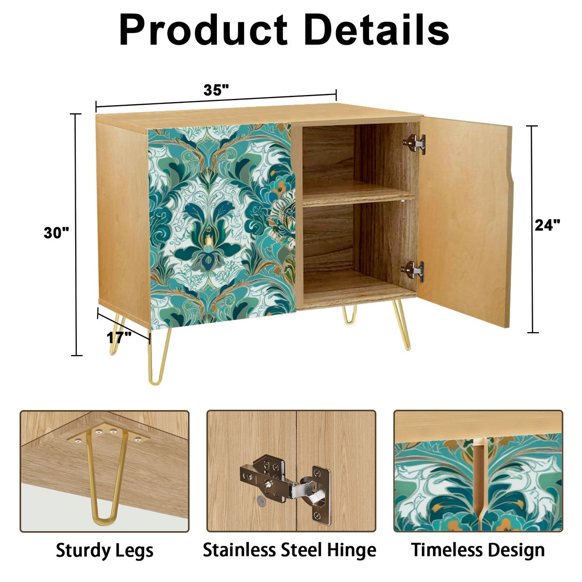 Chinoiserie Sideboard Floral Teal Green Gold, Elegant Wooden Storage Cabinet - Mid Century Modern Gal