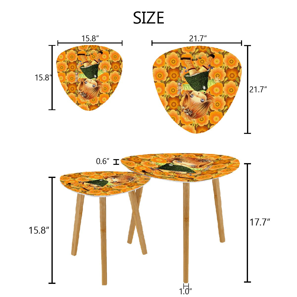 Retro 70s Vintage Big Eyed Girl, Marigolds Flower Power Nesting Tables - Mid Century Modern Gal