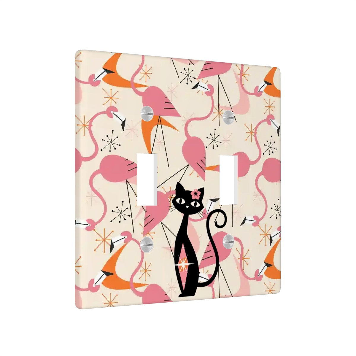 Flamingo And Atomic Cat Mid Mod Kitschy Pink Orange Retro Switch Cover 2-Gang 2 Toggle - Mid Century Modern Gal