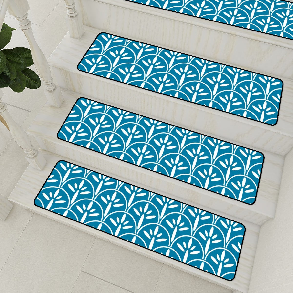 Art Deco Stair Tread Carpets | Blue And White Mid Century Modern Style Non Slip Carpet for Stairs Treads - Mid Century Modern Gal