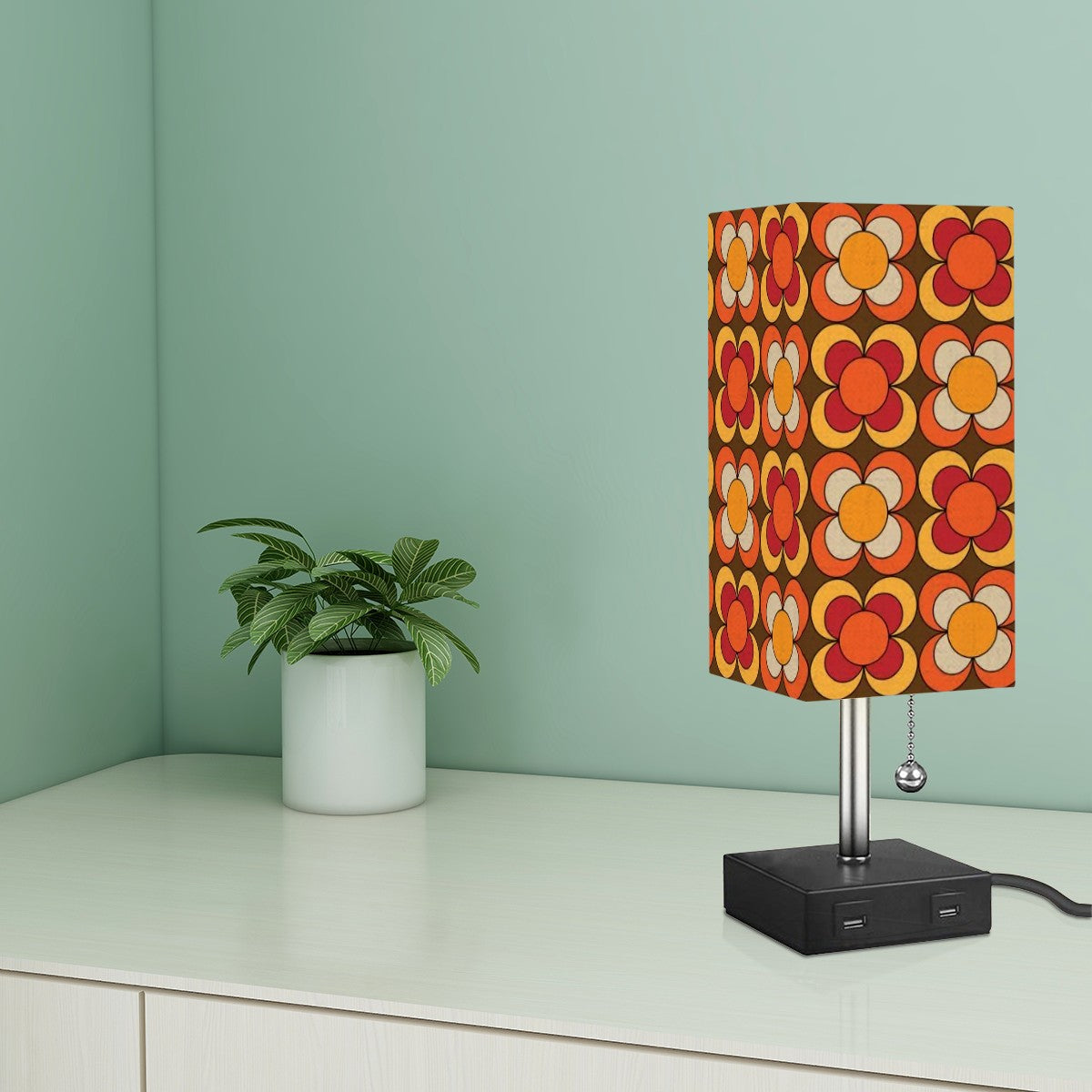 Retro Flower Orange Brown Yellow Red, Mod Floral Square Table Lamp - Mid Century Modern Gal