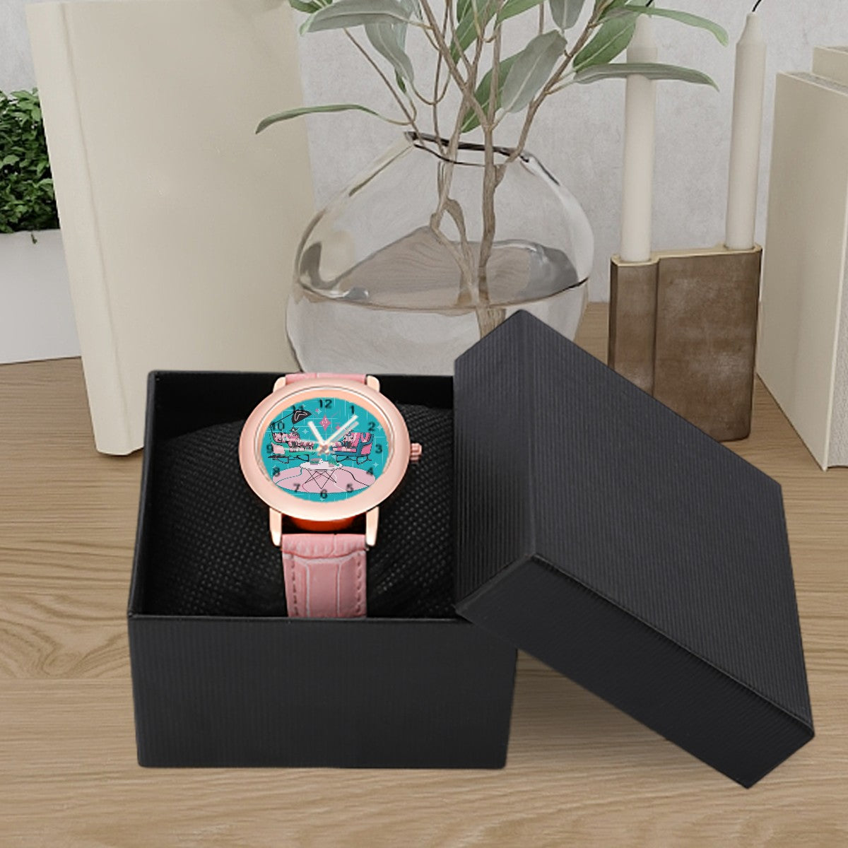 Atomic Reading Cats, Kitschy Mod Book Lover, Book Club Gal Retro Mod Women's Leather Watch - Mid Century Modern Gal