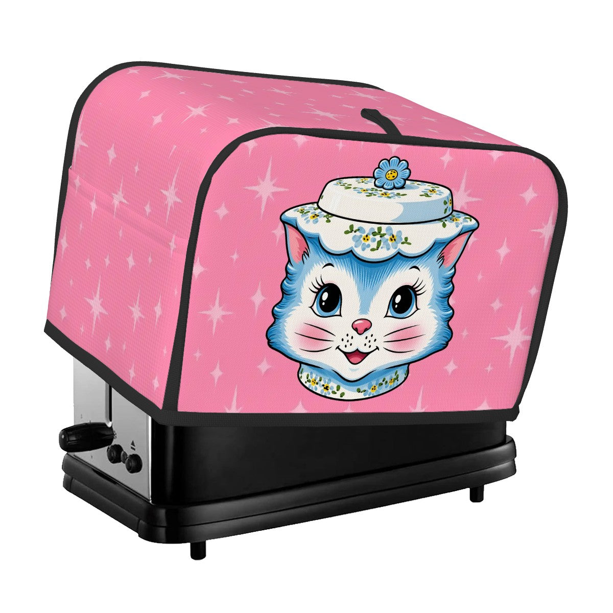Mid Century Modern Kitschy Anthropomorphic Blue Cat with Floral Hat 2 Slice Toaster Cover - Mid Century Modern Gal