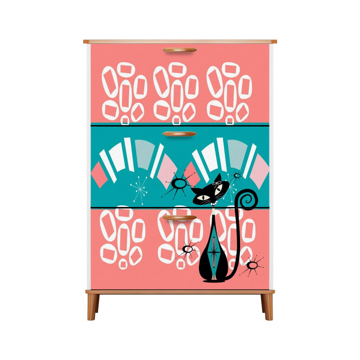 Mid Century Modern Storage Shoe Cabinet, Coral, Teal Kitschy Mod Cat Design - Mid Century Modern Gal