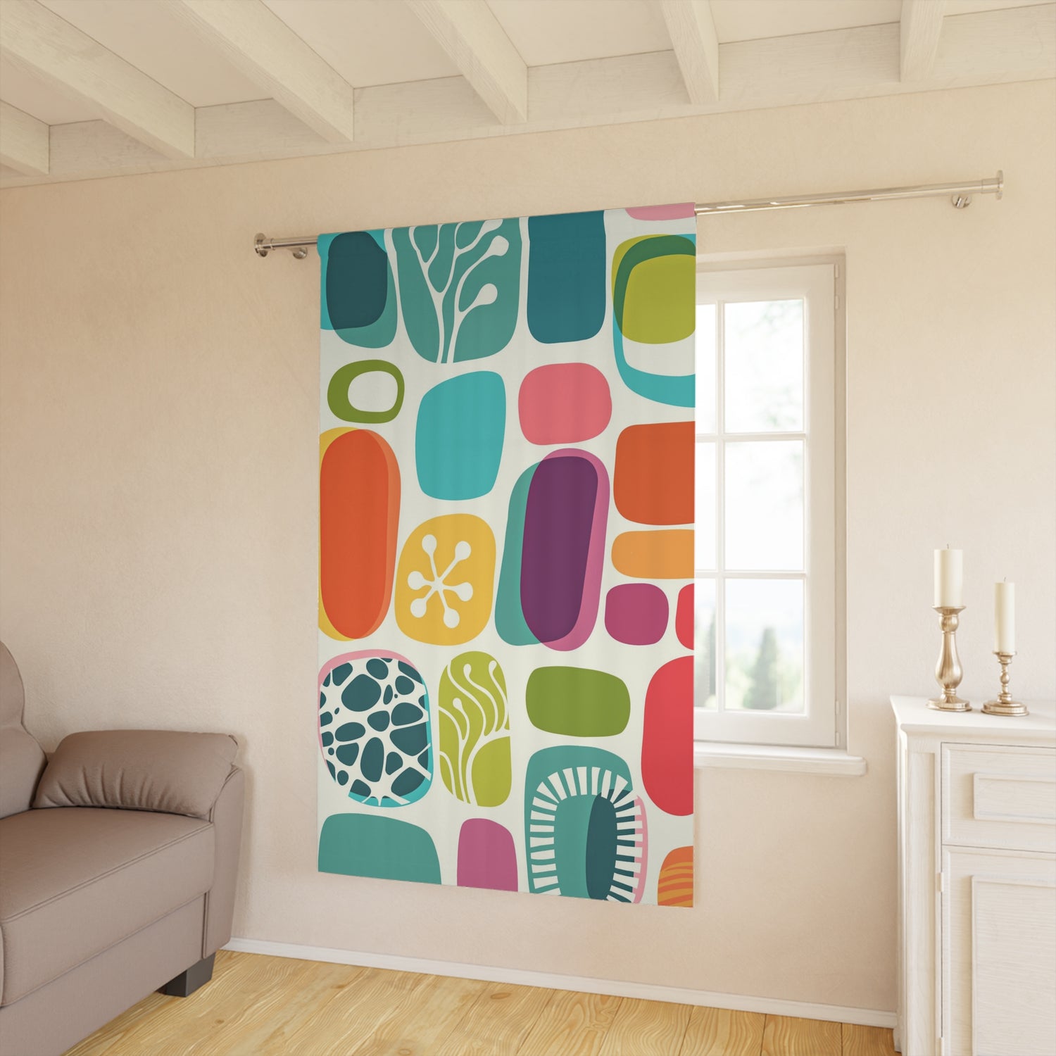 Mid Mod Amoeba  Geometric Retro Teal, Aqua, Orange, Green, Abstract Art Mid Century Modern Curtain - Mid Century Modern Gal