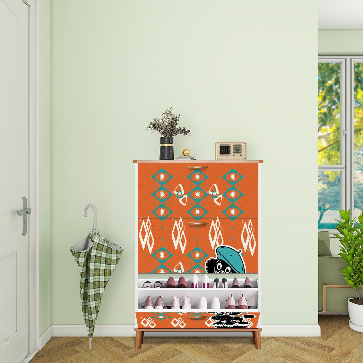 Atomic Orange Starburst Diamonds, Teal Mid Century Modern Kitschy Mod Poodle Shoe Storage Cabinet - Mid Century Modern Gal