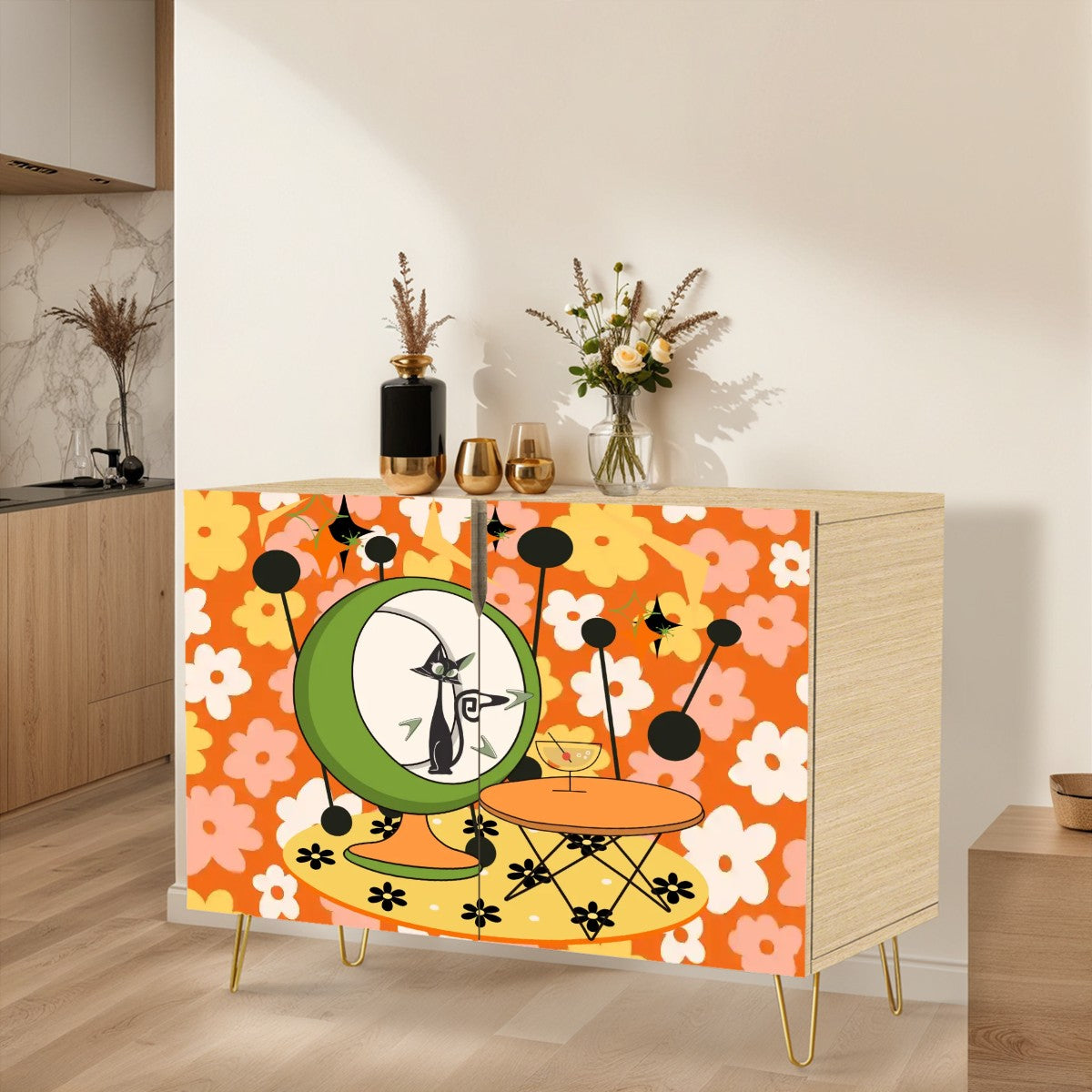 Atomic Groovy Cat, Orange White Mod Floral Kitschy Quirky Mid Century Modern Storage Organization Cabinet - Mid Century Modern Gal