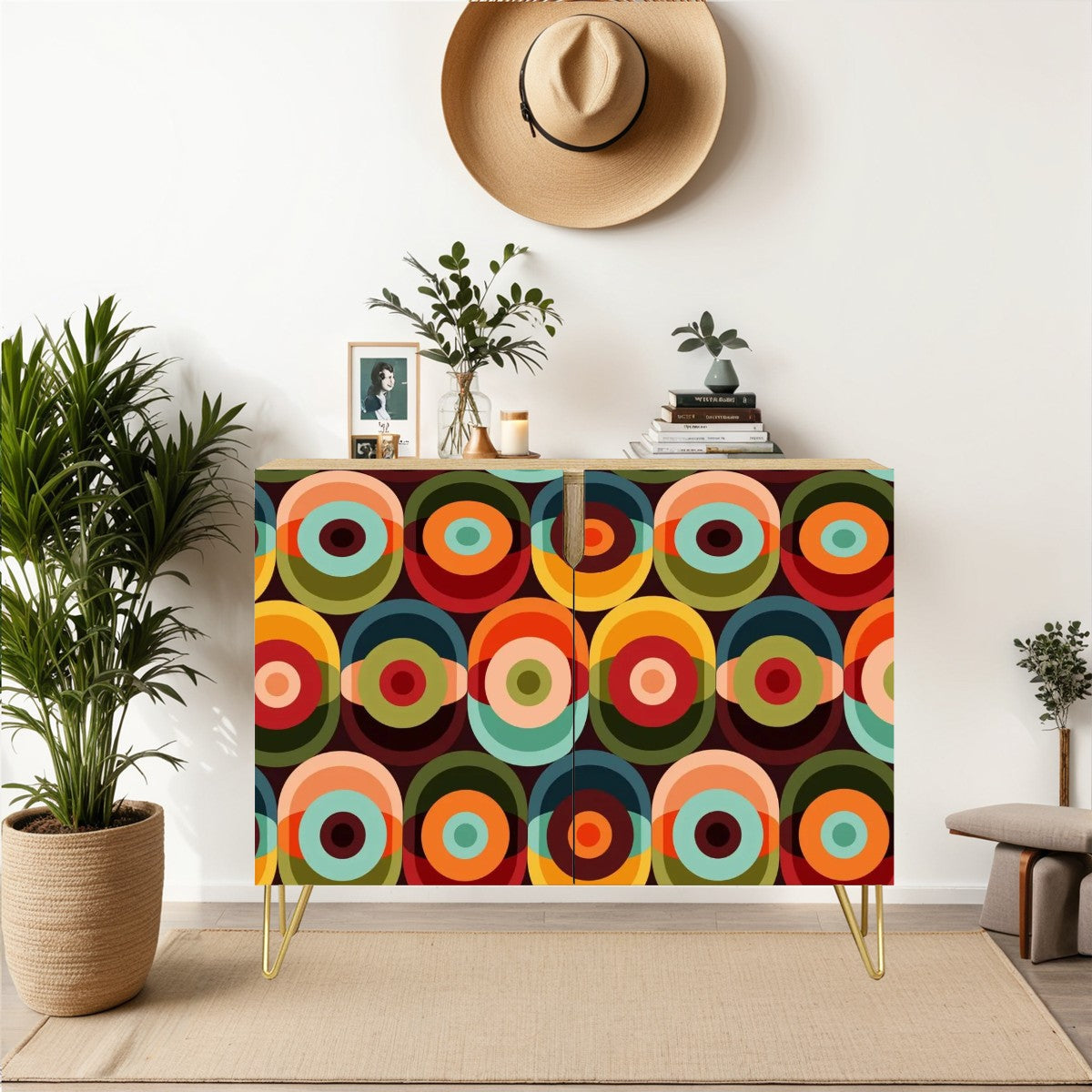 Mid Century Modern Groovy Mod Space Orbs Wooden Storage Cabinet - Mid Century Modern Gal