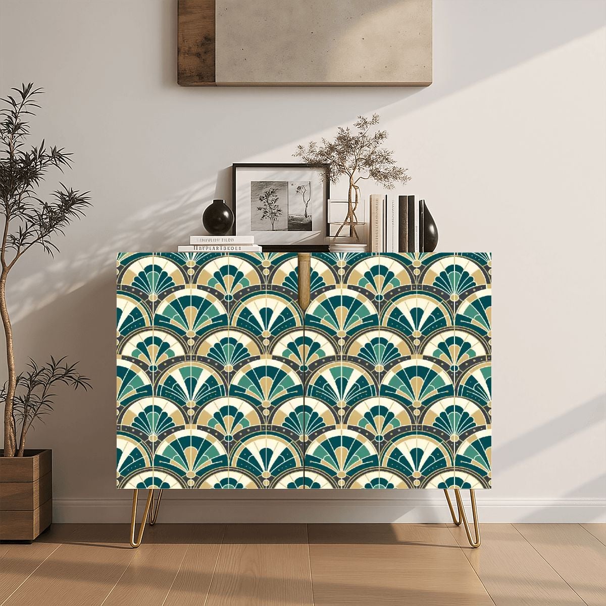 Art Deco Peacock Inspired Wooden Storage Cabinet - Mid Century Modern Gal