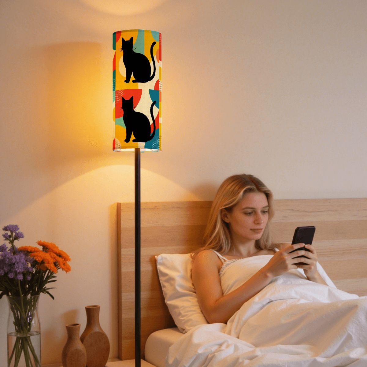 Pop Art Atomic Black Cats, Red Blue Yellow, Slim Floor Lamp - Mid Century Modern Gal