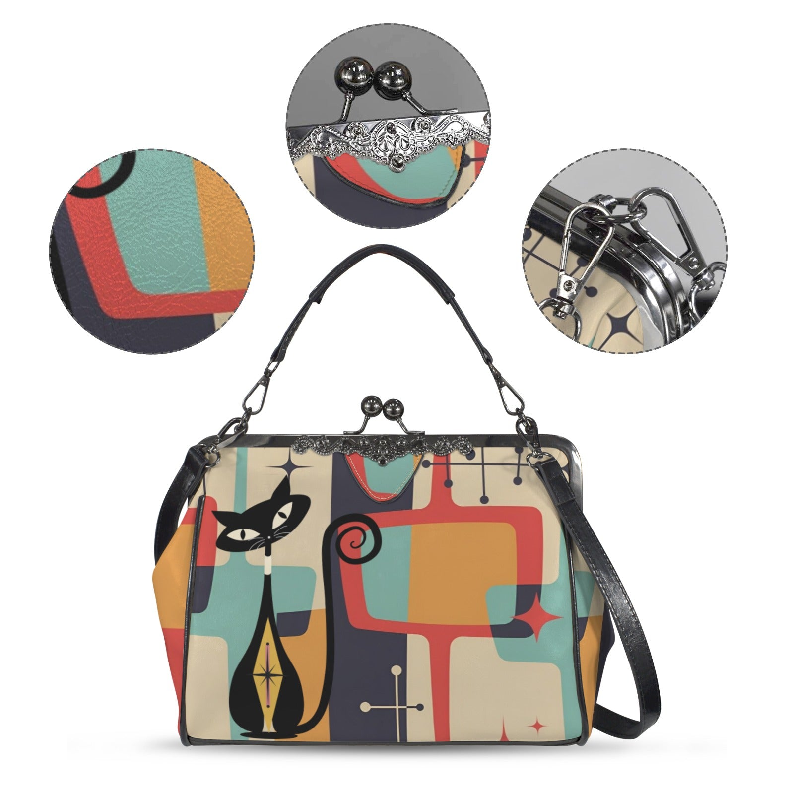 Atomic Mod Cat Retro Kisslock Purse, Shoulder Bag - Mid Century Modern Gal