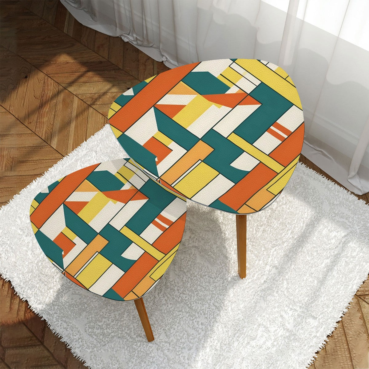Mid Century Modern Orange Teal Yellow Bauhaus Geometric Designed Nesting Tables - Mid Century Modern Gal