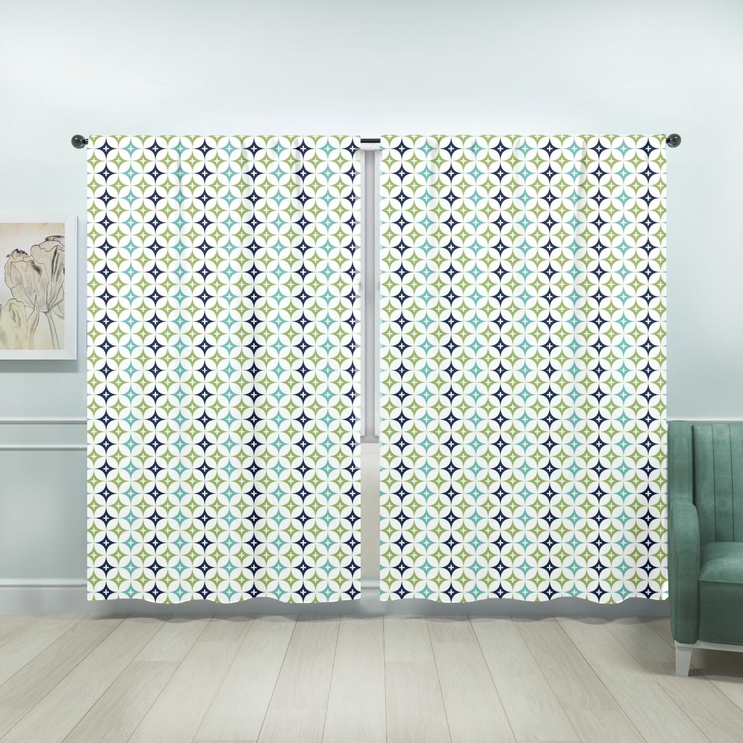 Blue Green, Aqua Diamond Starburst Retro Mid Century Modern Opaque Window Curtains - Mid Century Modern Gal