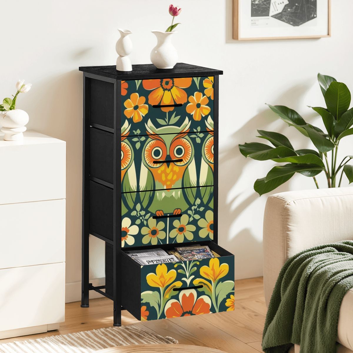 Retro Owl Flower Power Groovy 70s Floral Green, Orange Fall 4-Drawer Dresser - Mid Century Modern Gal