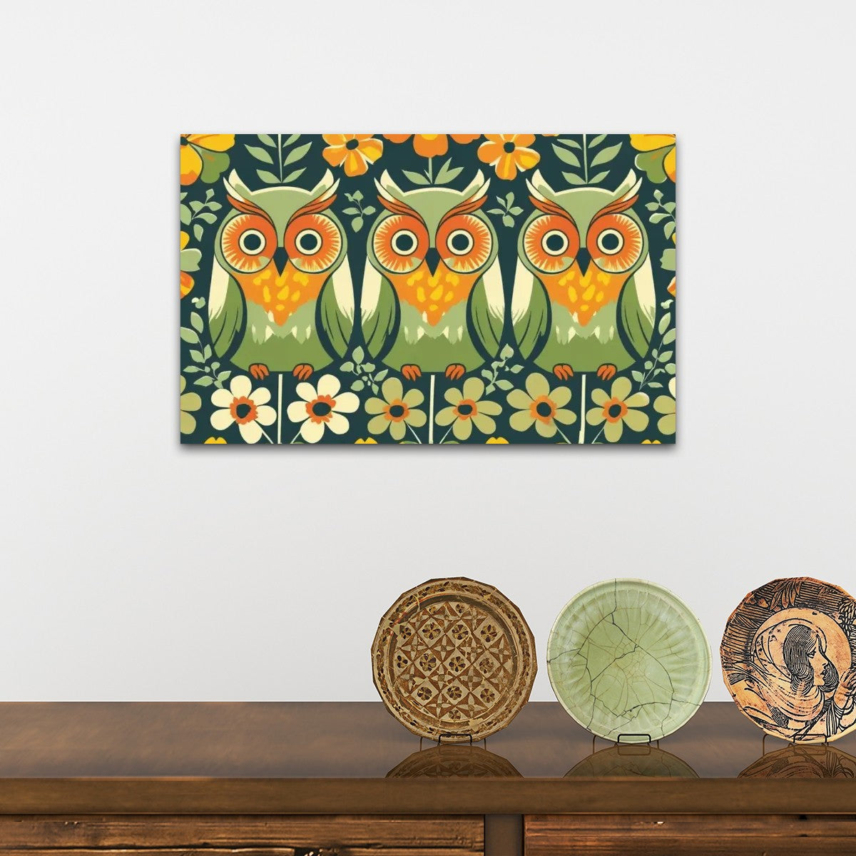 Groovy Mod Owl Art, Flower Power 70s Vibe Green, Orange Kitschy Wall Art - Mid Century Modern Gal
