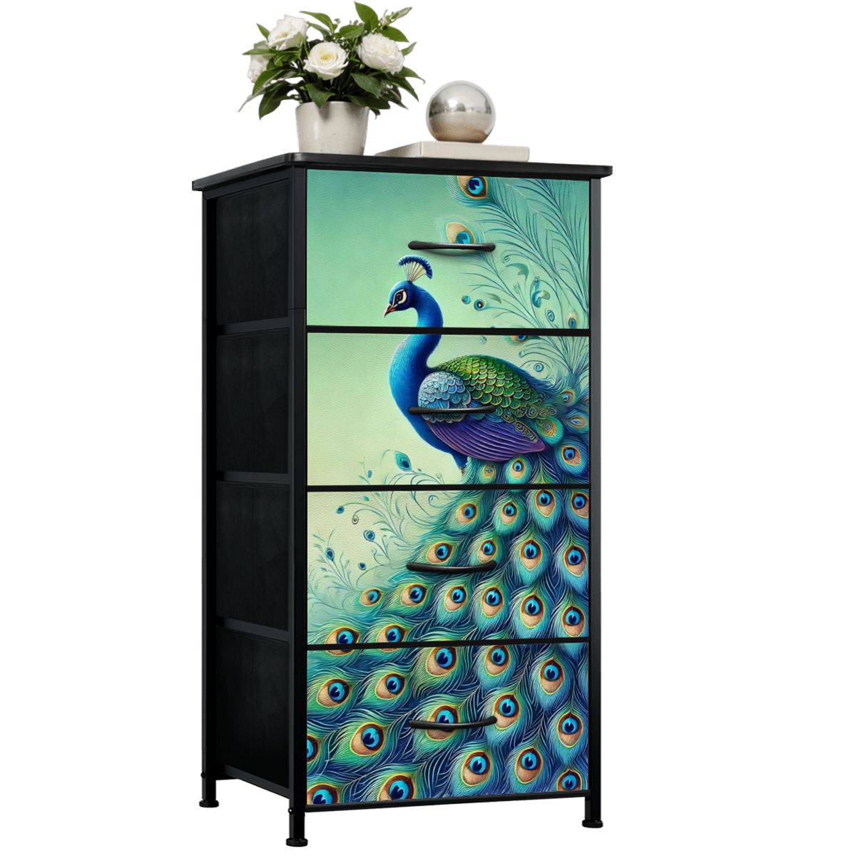 Peacock Watercolor Chinoiserie Designed Blue Green Modern 4-Drawer Dresser - Mid Century Modern Gal