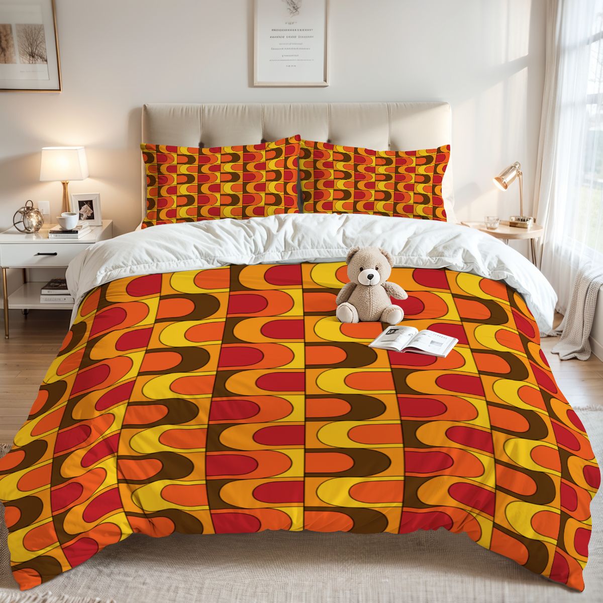 Retro 70s Mid Mod Groovy Orange, Brown Yellow, Red, MCM Queen Duvet Cover Set - Mid Century Modern Gal