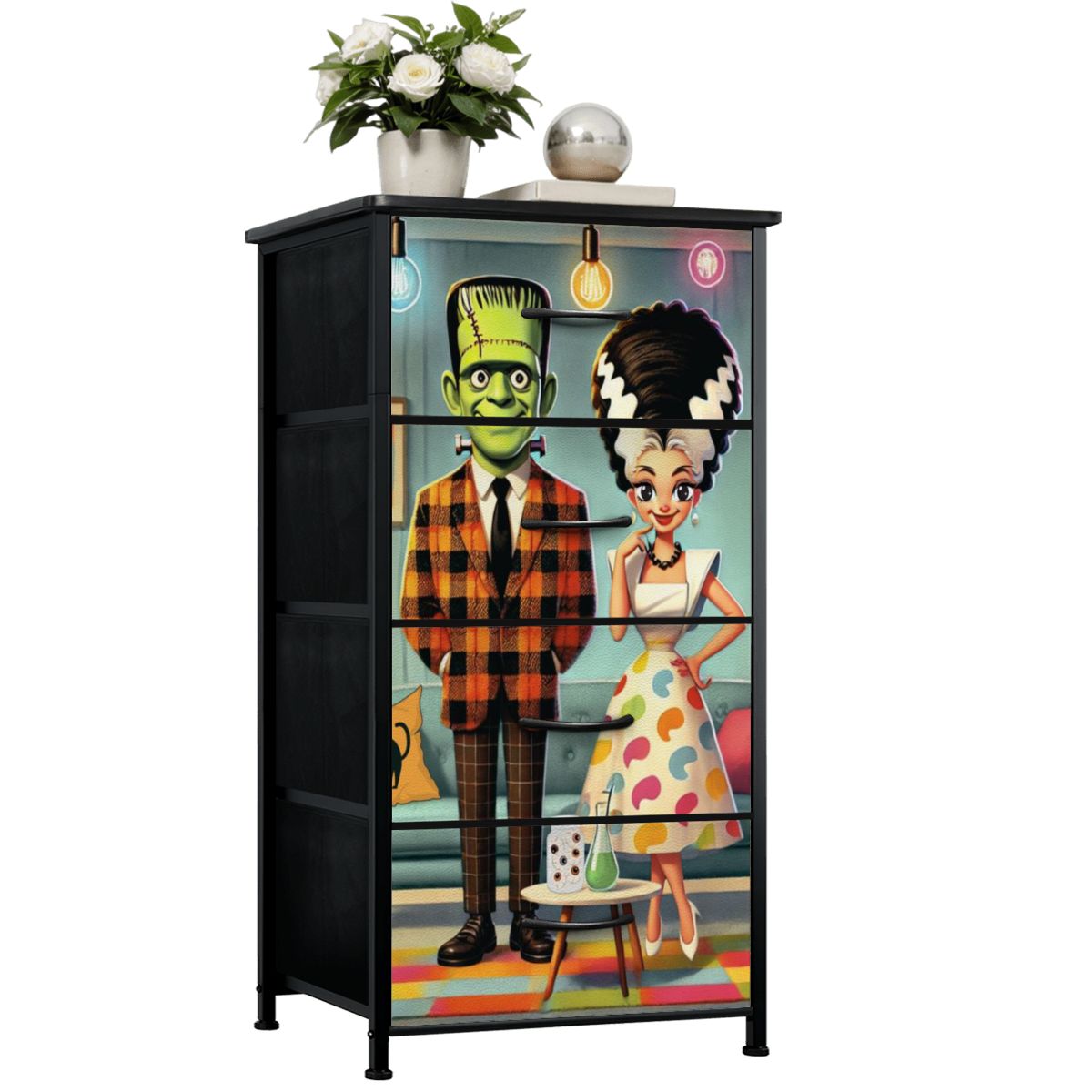 Frankenstein and Bride Of Mid Century Modern Kitschy Retro 4-Drawer Dresser - Mid Century Modern Gal