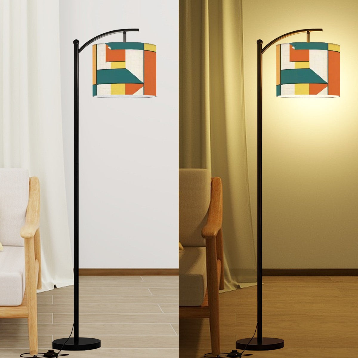 Mid Century Modern Bauhaus Orange, Teal Geometric Designed Mod Arc Floor Lamp - Mid Century Modern Gal