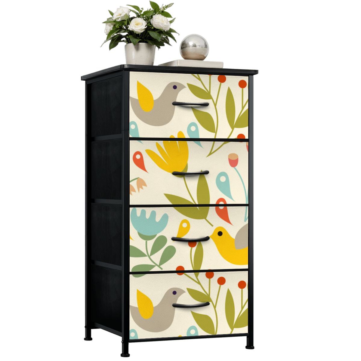Folk Art, Modern Danish Hygge, Scandinavian, Norwegian, Bird, Floral, Yellow, Orange, Green 4-Drawer Dresser - Mid Century Modern Gal