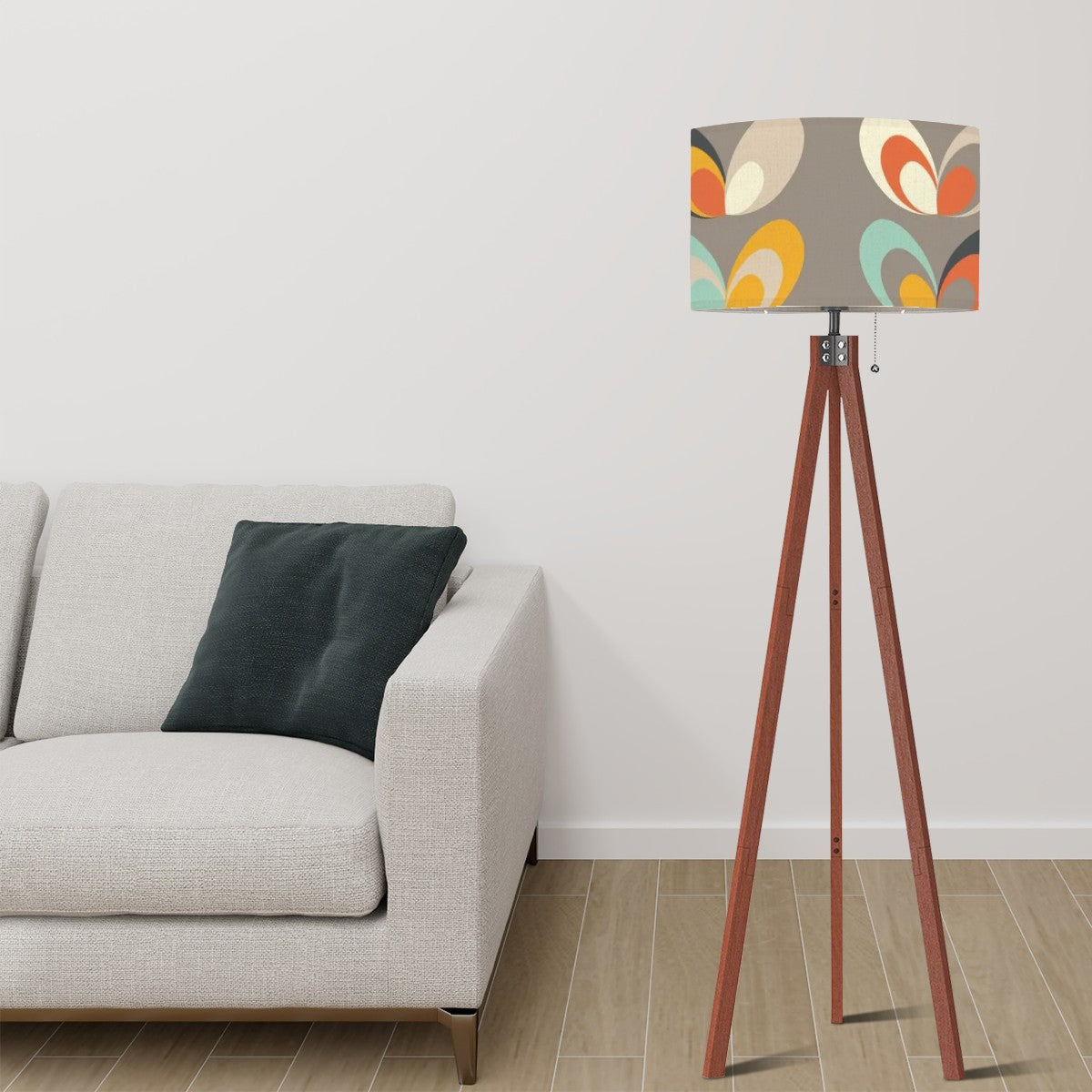 Mid Century Modern Scandinavian Designed Wood Tripod Lamp, Linen Shade - Mid Century Modern Gal