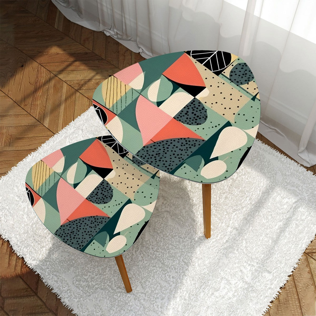 Mid Century Modern Green, Coral, Pink Geometric Mod Designed Nesting Tables - Mid Century Modern Gal