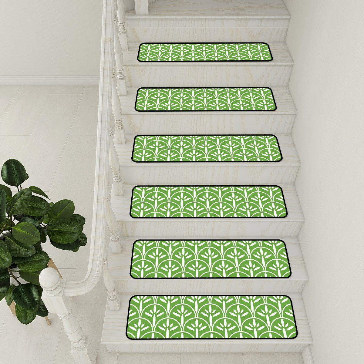 Art Deco Stair Tread Carpets | Green Grass And White Mid Century Modern Style Non Slip Carpet for Stairs Treads - Mid Century Modern Gal