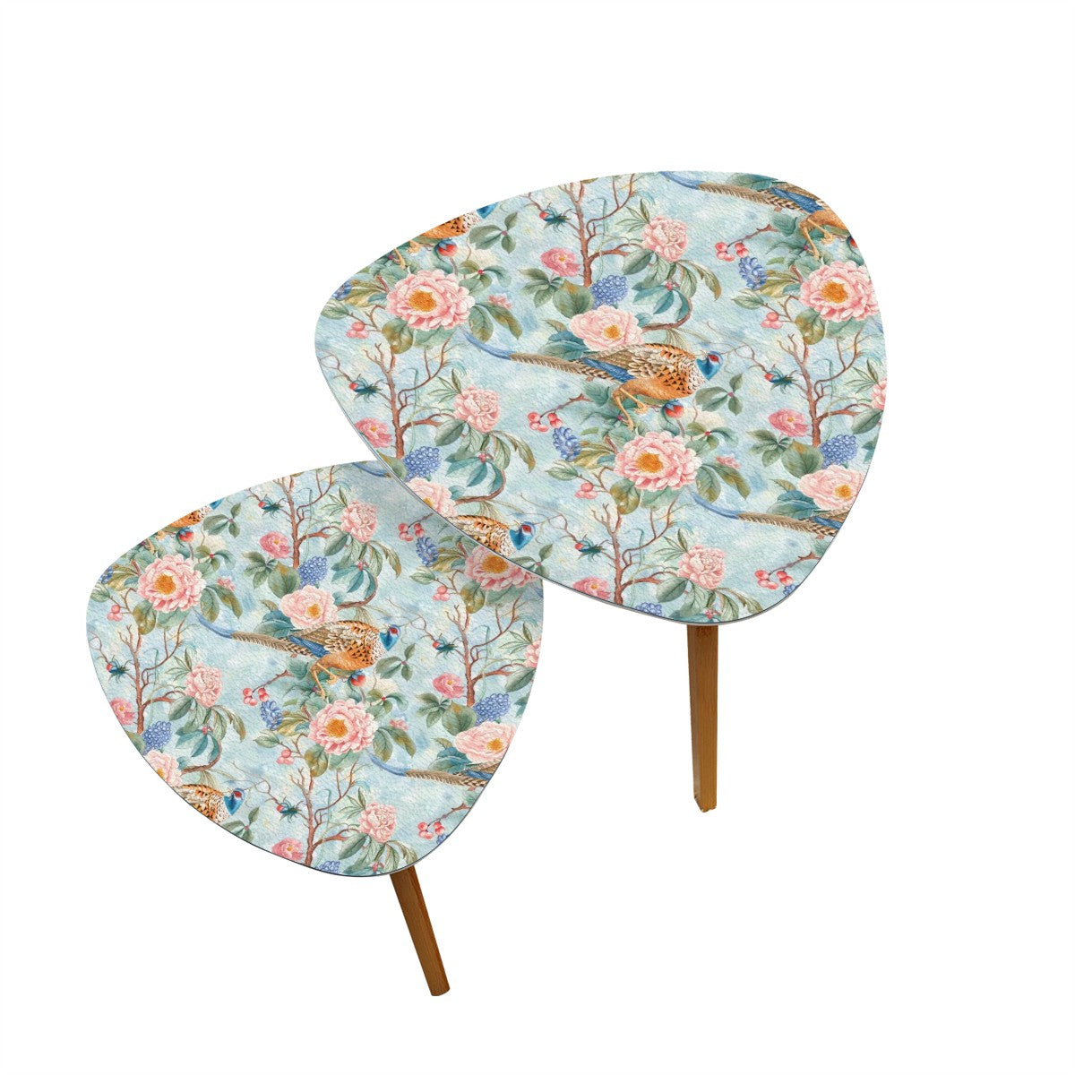 Chinoiserie Elegant Floral Pink Blue, Nesting Coffee Tables - Mid Century Modern Gal